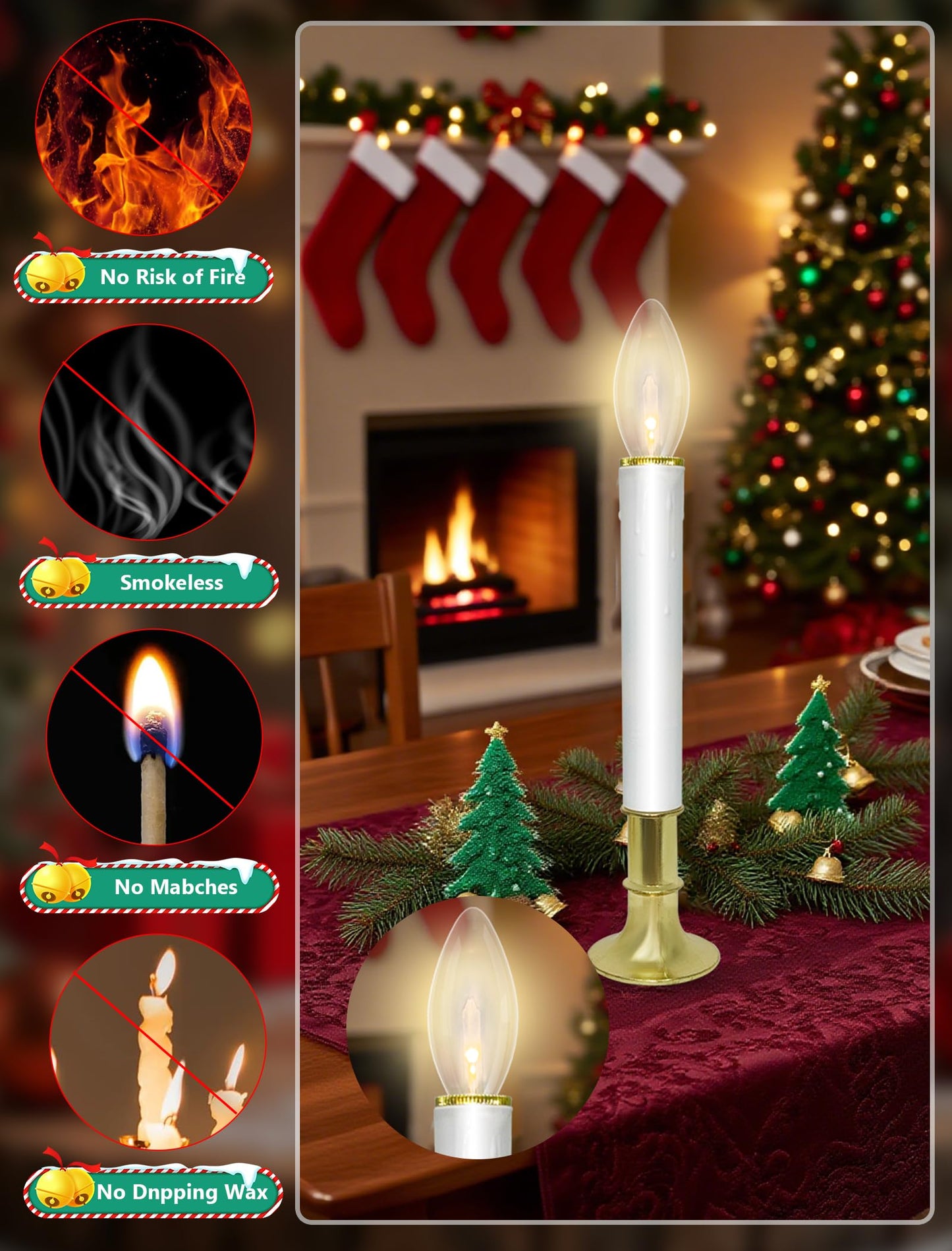 10 Pack Ultra-Bright LED Christmas Window Candles with Brass-Plated Base, Battery Operated Flameless Candles with LED C26 Warm White Bulbs Christmas Window Lights for Holiday Home Wedding Decorations