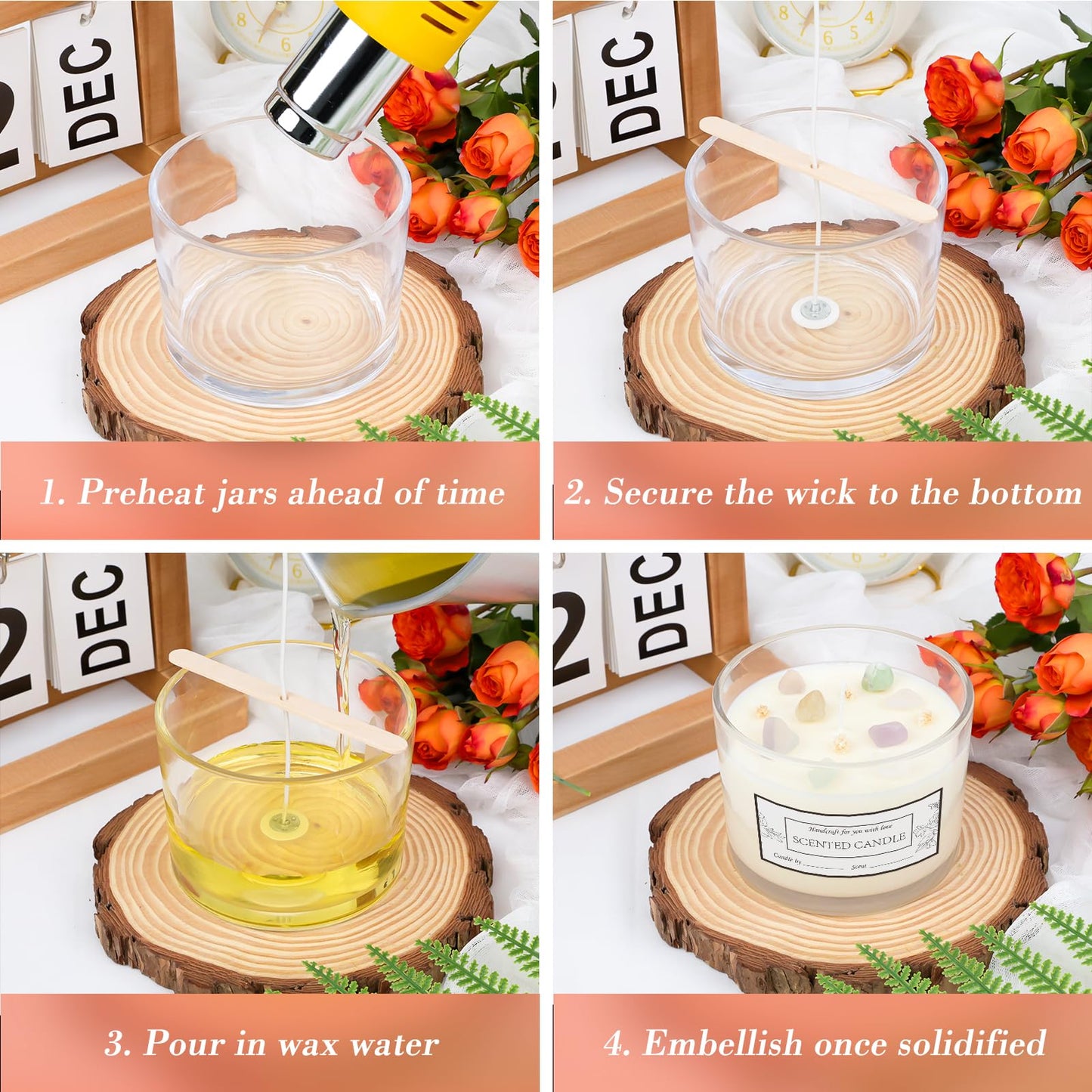 CONNOO 8 Pack 12 OZ Clear Glass Wide Mouth Candle Jars for Making Candles with Airtight Bamboo Lids Nice Sticky Warning Labels for Candle Making Empty Container Bulk - Dishwasher Safe