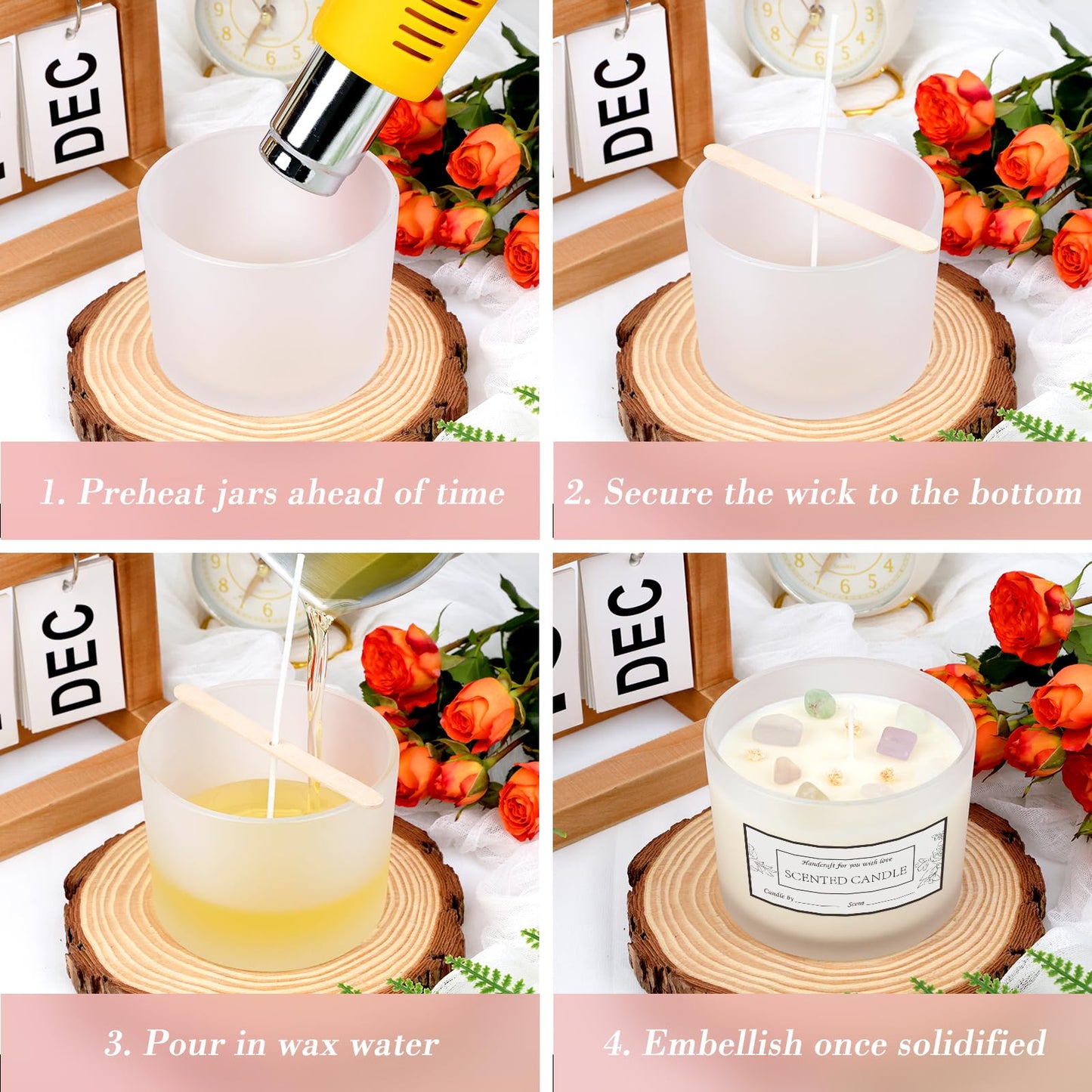 CONNOO 8 Pack 12 OZ Frosted Glass Wide Mouth Candle Jars for Making Candles with Airtight Bamboo Lids Nice Sticky Warning Labels for Candle Making Empty Container Bulk - Dishwasher Safe