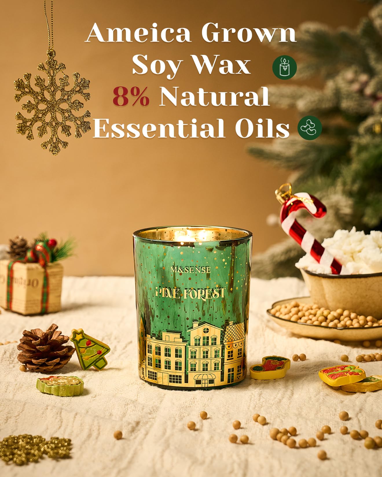 M&SENSE Pine Forest Christmas Candles, Large Winter Scented Soy Candles, Crackling Wooden Wick 18oz 100 Hours Long Lasting Clean Burn, Luxury Holiday Gifts for Relaxation, Stress Relief