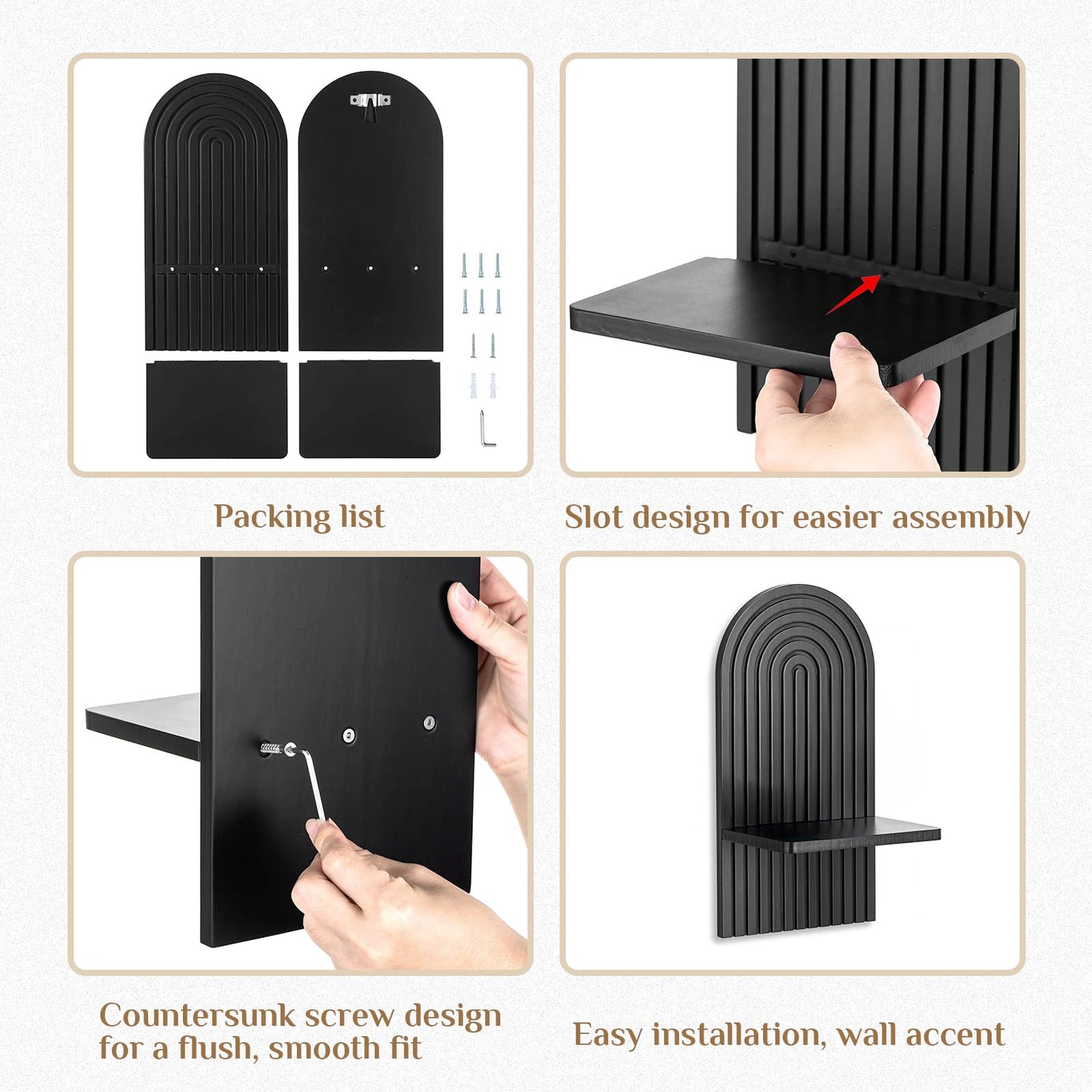 Walasis Black Boho Candle Sconces Decor: Set of 2 Wood Mid-Century Wall Candle Holder for Hallway Fireplace Bedroom - Arch Wall Shelf for Plants Pillars Candles
