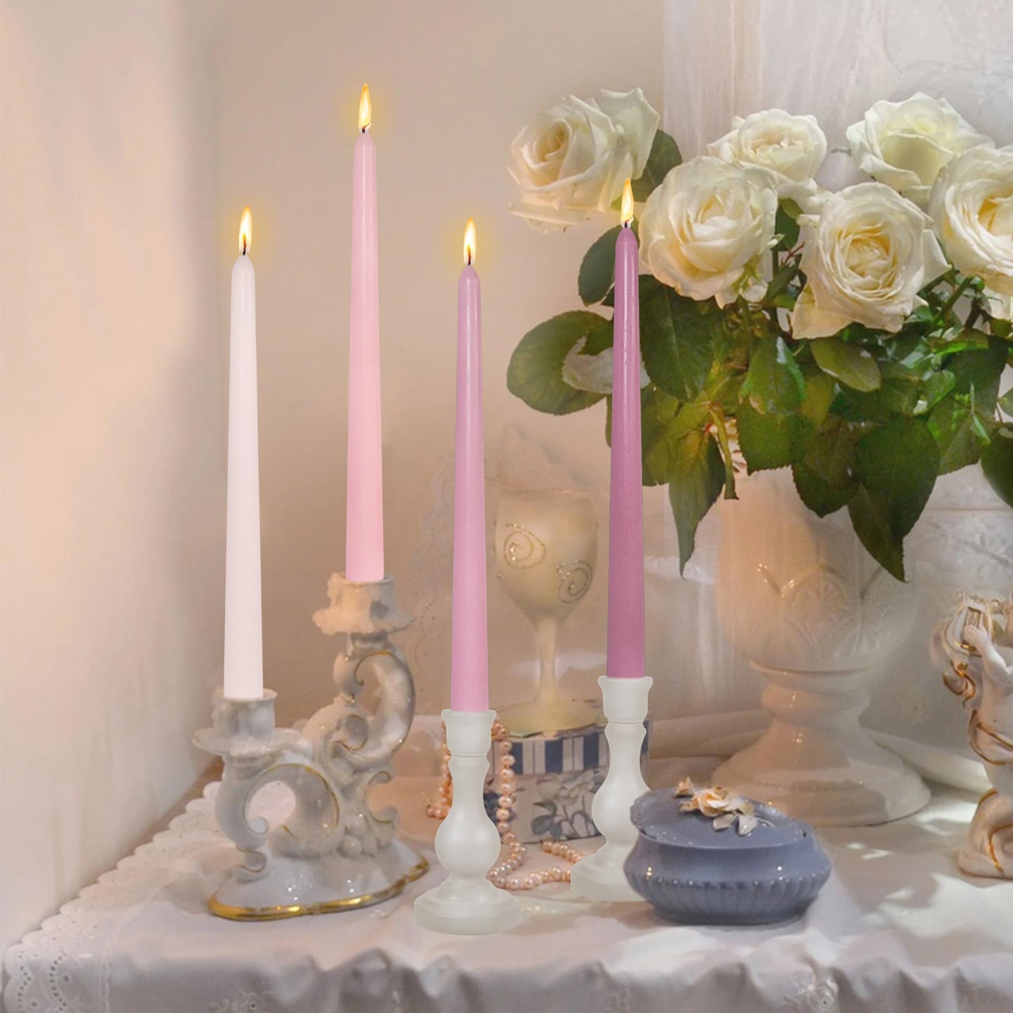 Dripless Handmade Gradient Pink Taper Candlesticks Rose Scented Long Lasting Smokeless Aromatherapy Candles 10 Inch Elegant Tall Candlesticks for Home Décor Wedding Gift