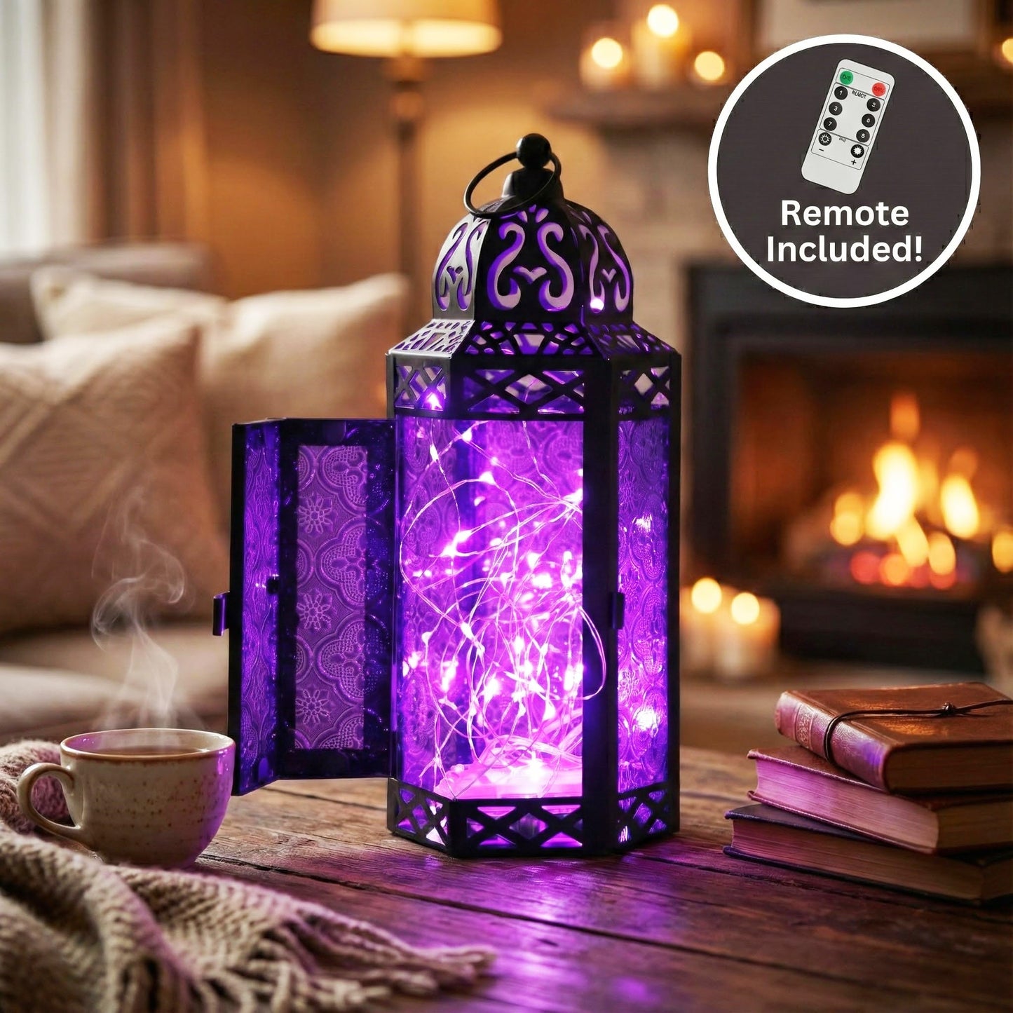 Vela Lanterns Purple Decor Candle Holder, Gothic Lamp with Fairy Lights, Fantasy Decorative Moroccan Lantern, Witchy Whimsigoth Home Decor, Metal Hanging Halloween Spooky Vampire Room Light