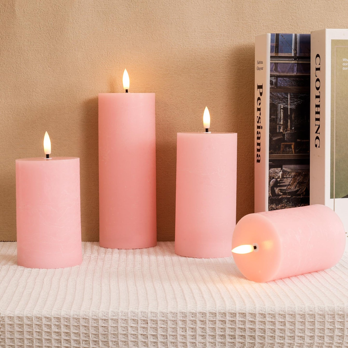 AFINETH Pink Flameless Candles, Real Wax Pillar Battery Operated Candles, Flat Top Flickering LED Pillar Candles with Remote, 4 Pack Fake Candles for Home Party Wedding Romantic Night Decor