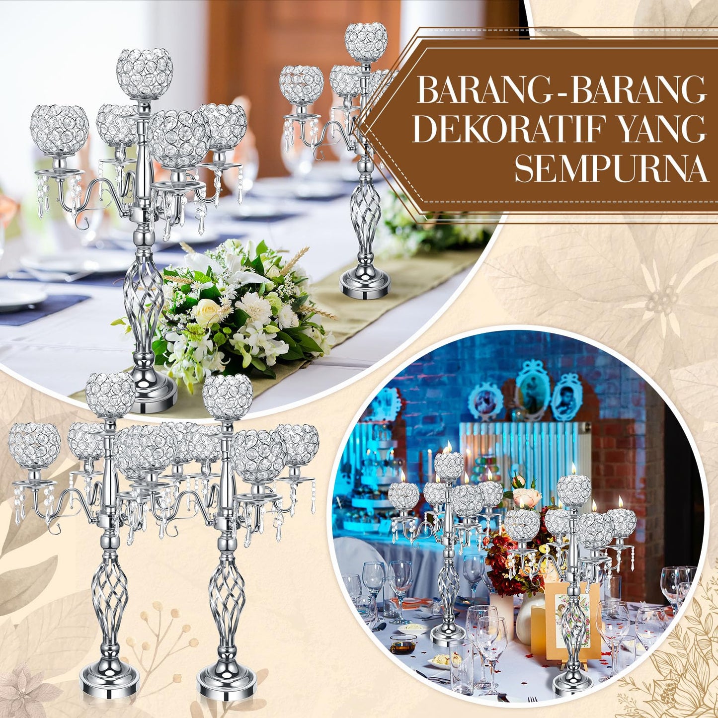 Nitial 4 Pcs 5 Arm Crystal Candelabra Centerpieces for Table 27 Inch Retro Victorian Crystal Candle Holders Bowl Table Centerpieces Decor for Wedding Banquet Valentine Dinner Party Event (Silver)