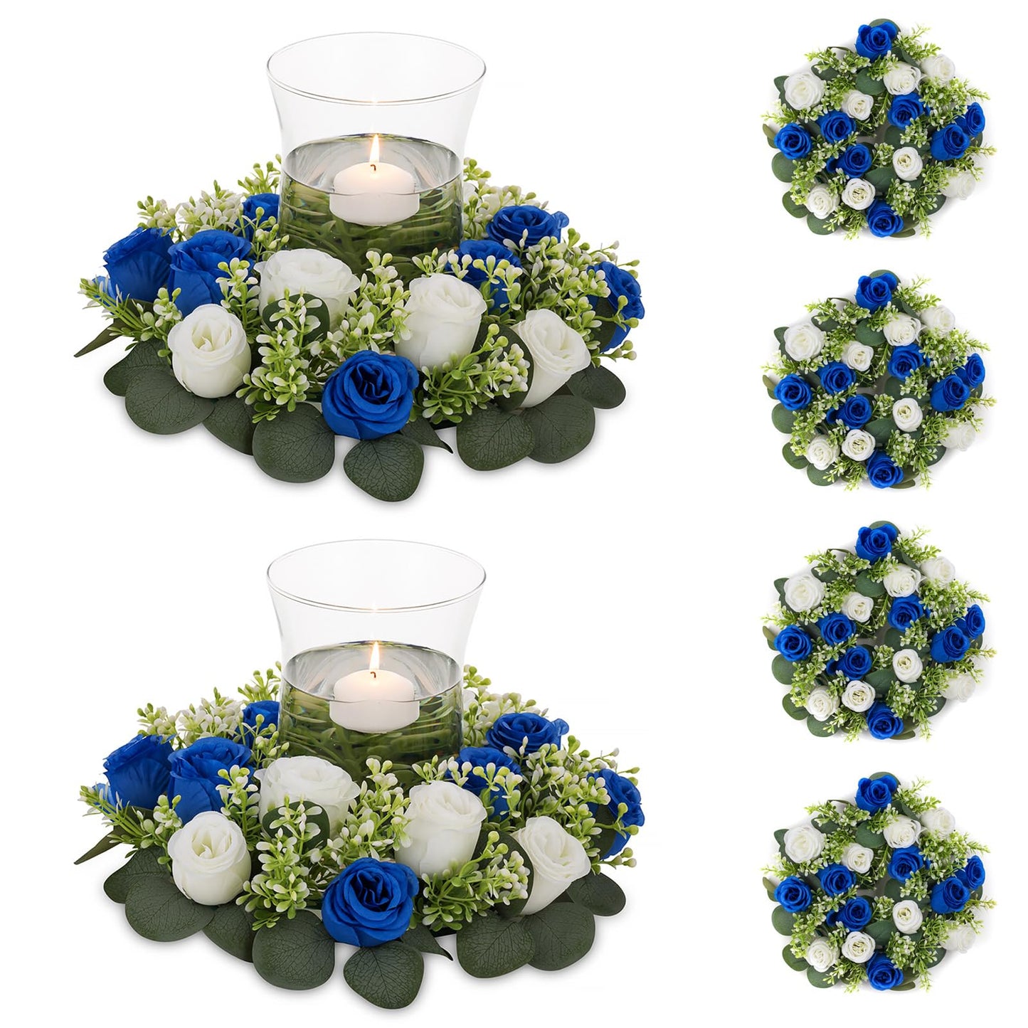 NUPTIO Flower Candle Rings for Centerpieces: 13.4 Inch Rose Wreath for Wedding Party Christmas - Royal Blue & White Wreaths for Spring Summer Front Door Porch Table Decor 6 Pcs