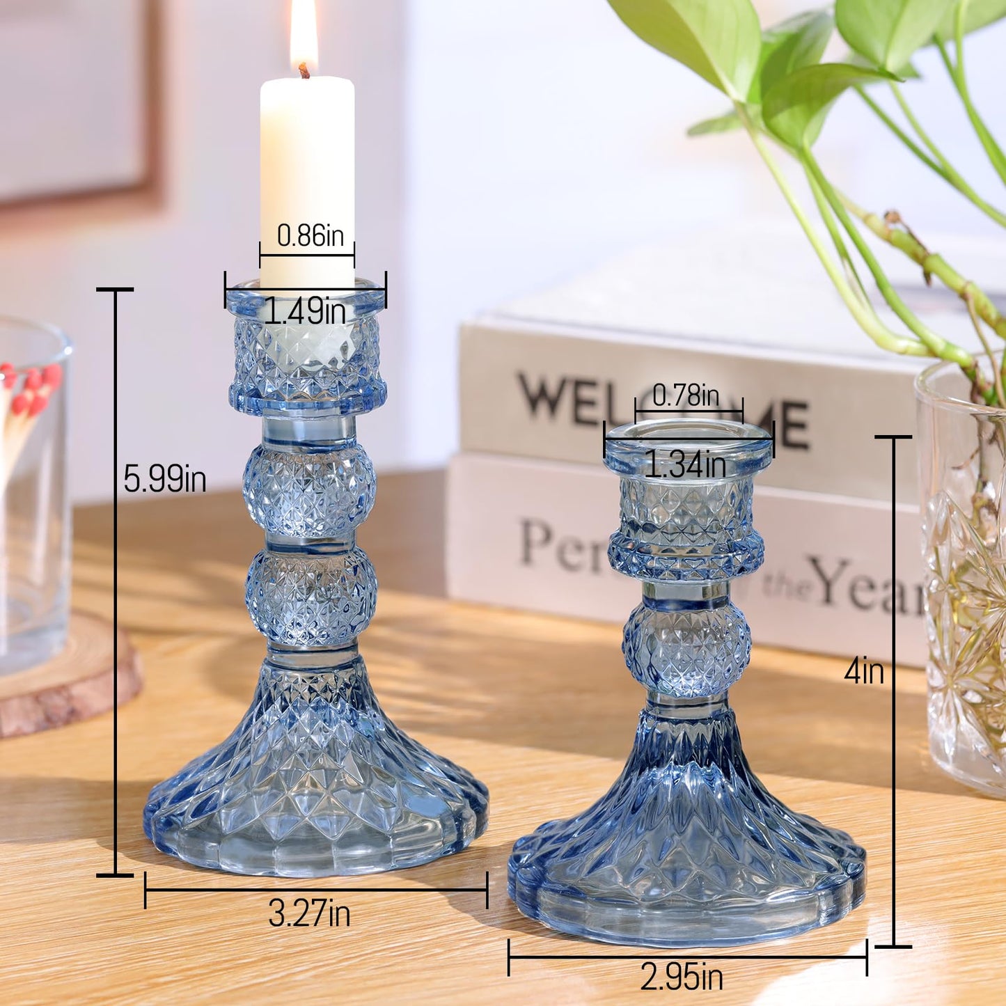DARJEN Blue Glass Candlestick Holders Set of 6, 4" H & 5" H Taper Candle Holders for Candlesticks & Pillar Candles, Diamond Candle Holders for Wedding Party Table Centerpiece, Home Decor