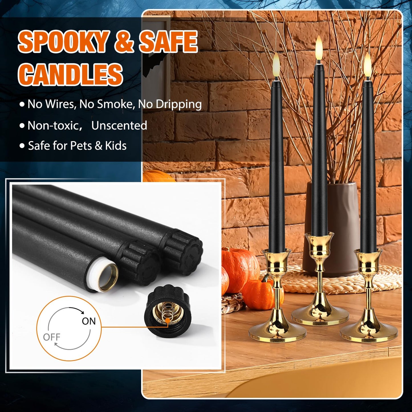 Baquler 12 Pcs 9.7 Inch Black Flameless Taper Candles, Battery Operated Taper Candles LED Warm 3D Wick Flickering Candlesticks for Church Wedding Home Decor Halloween Christmas Hanukkah New Year