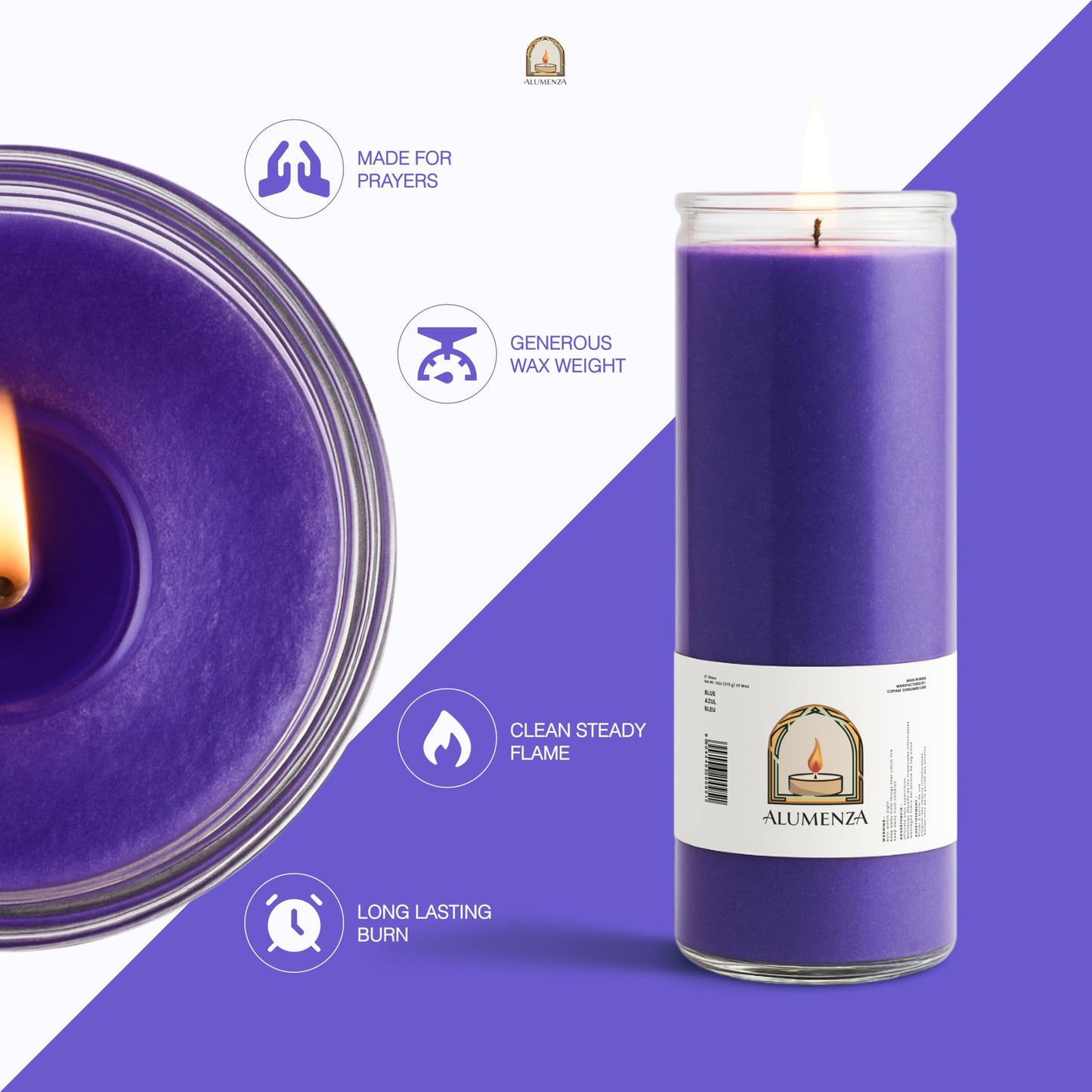 Alumenza Bulk 3 Pack Purple 7 Day Candles in Glass Jar – Paraffin Wax, Clean Burning Unscented | Large & Tall Devotional Prayer Pillar Candles for Home, Memorial, Spells, Long Lasting
