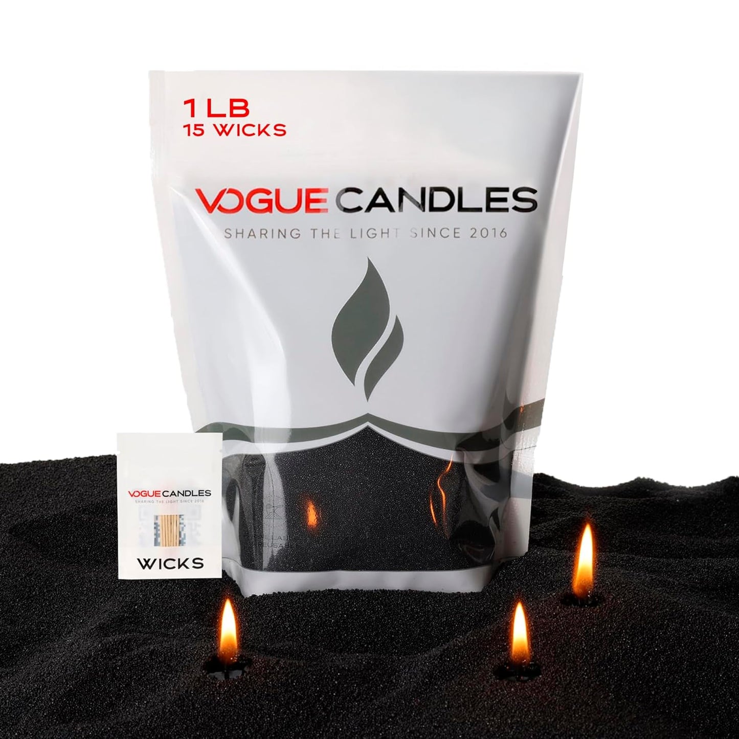 Vogue Candles Black Pearled Candle Sand Wax (1 LB) – Sand Candle Kit with 15 Cotton Wicks for DIY Home Lighting – Plant-Based & Reusable Wax Granules Refill for Custom Vessels, Décor and Dad Gifts