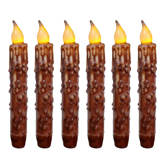 CVHOMEDECO. Real Wax Hand Dipped Battery Operated LED Timer Taper Candles Rustic Primitive Flameless Lights Décor, 6-3/4 Inch, Coffee, 6 PCS in a Package