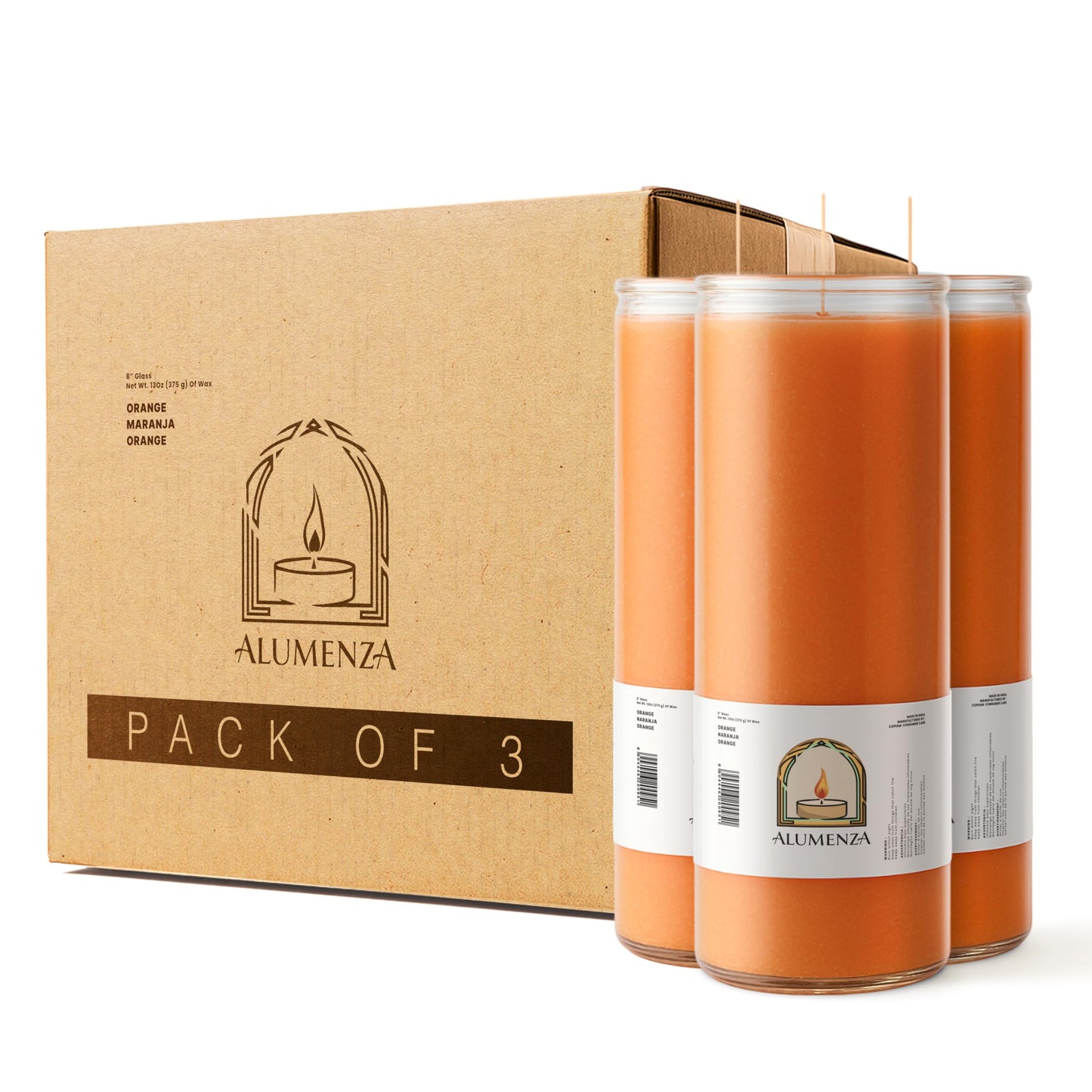 Alumenza 3 Pack Orange 7 Day Candles in Glass Jar – Paraffin Wax, Clean Burning Unscented | Large & Tall Devotional Prayer Pillar Candles for Home, Memorial, Spells, Long Lasting