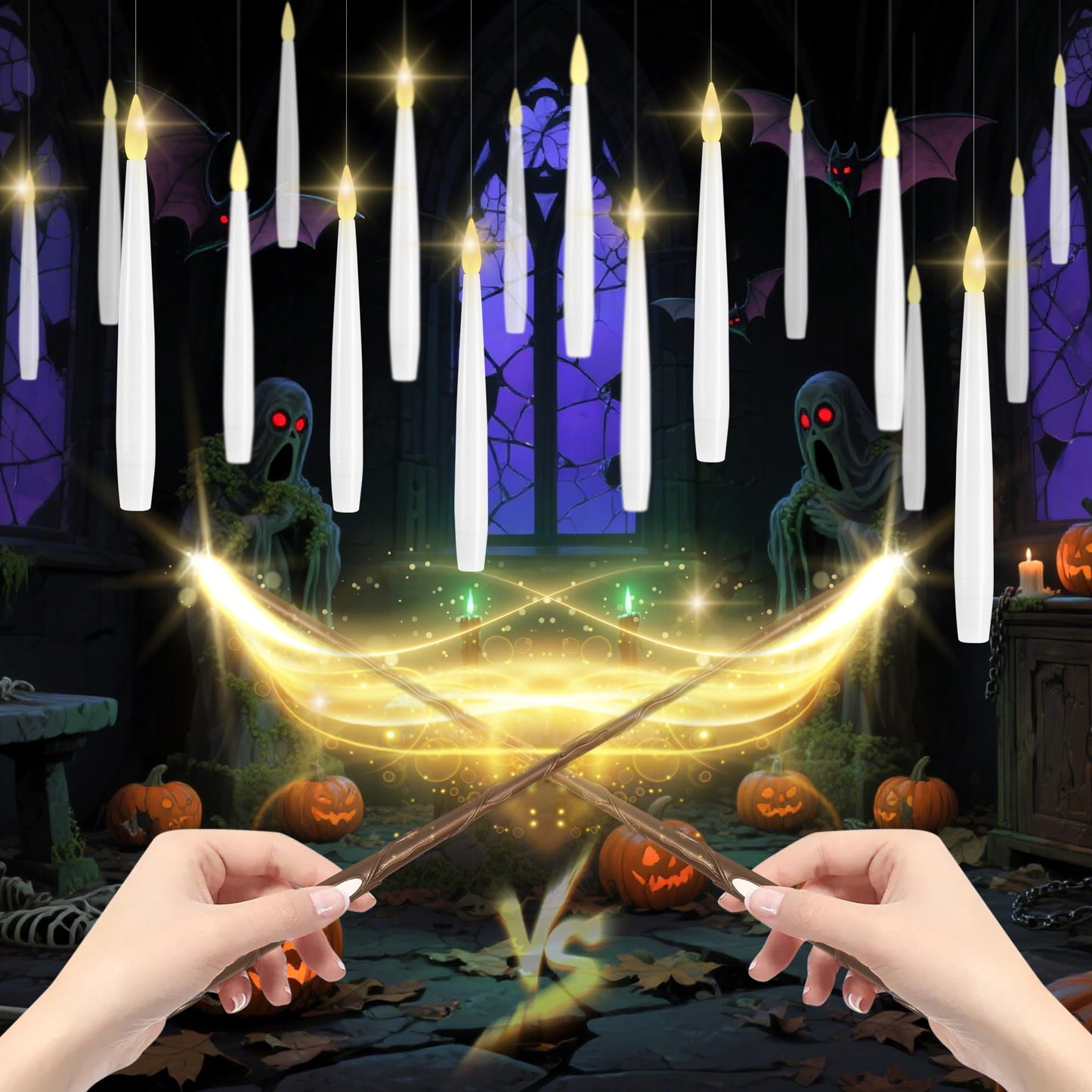 LUSHARBOR Floating Candles with Wand, 20 Pack 2 Wands Halloween Magic Hanging Candles Flameless Floating Candles Battery Operated for Halloween Decorations Gift Idea
