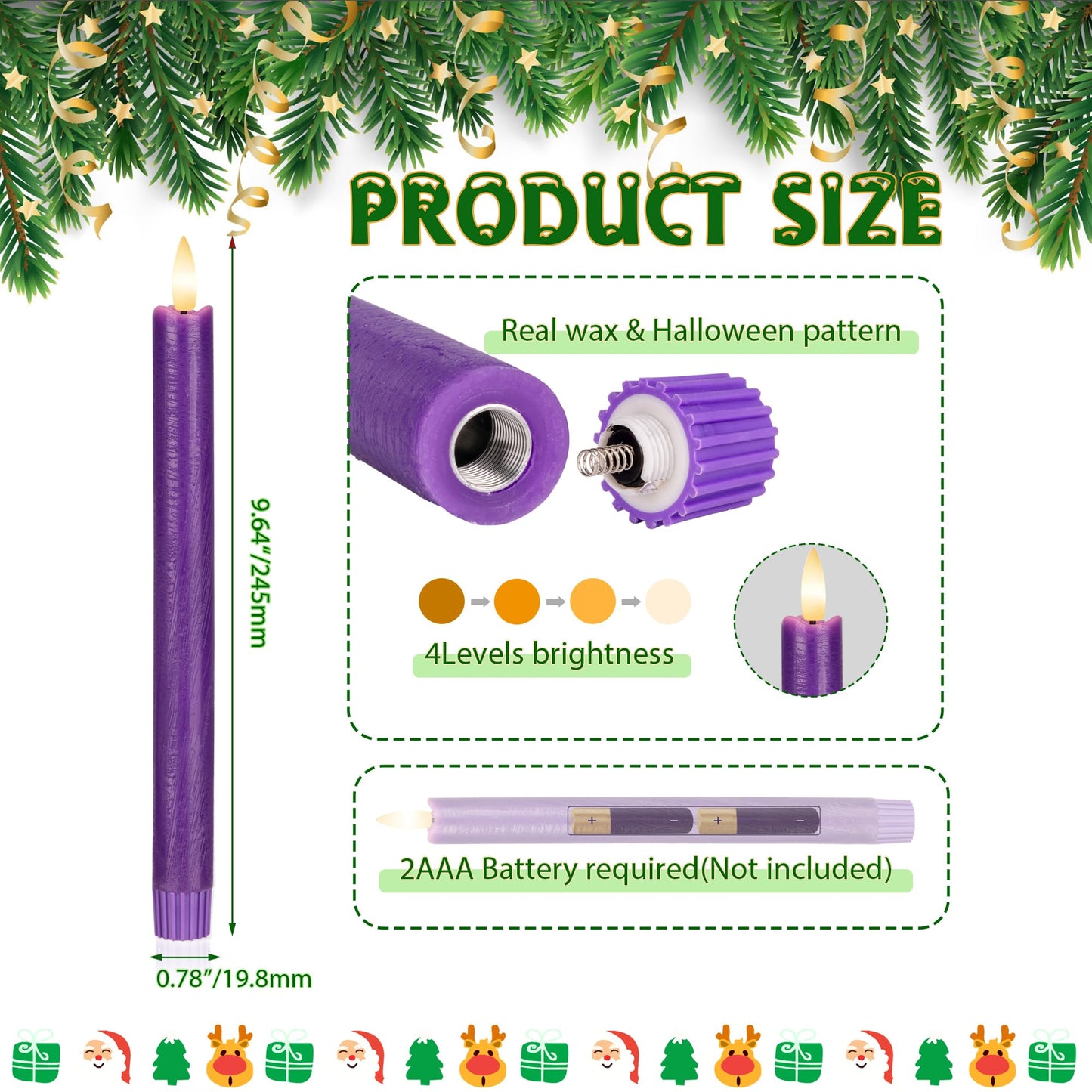 AFINETH Purple Flameless Taper Candles with Remote, 6 Pack Real Wax Battery Operated Candles, 9.6 Inch Flickering Led Christmas Candlesticks Decorations for Winter Home Holiday Xmas Gift