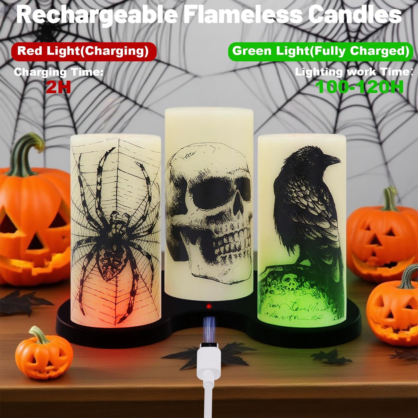 Eldnacele Halloween Flameless Candles with Skull,Spider Web, Crow Raven Decal, Rechargeable Battery Operated Cycle Timer Halloween Themed LED Real Wax Ivory Candles Spooky Decor(3pcs,D3×H6)
