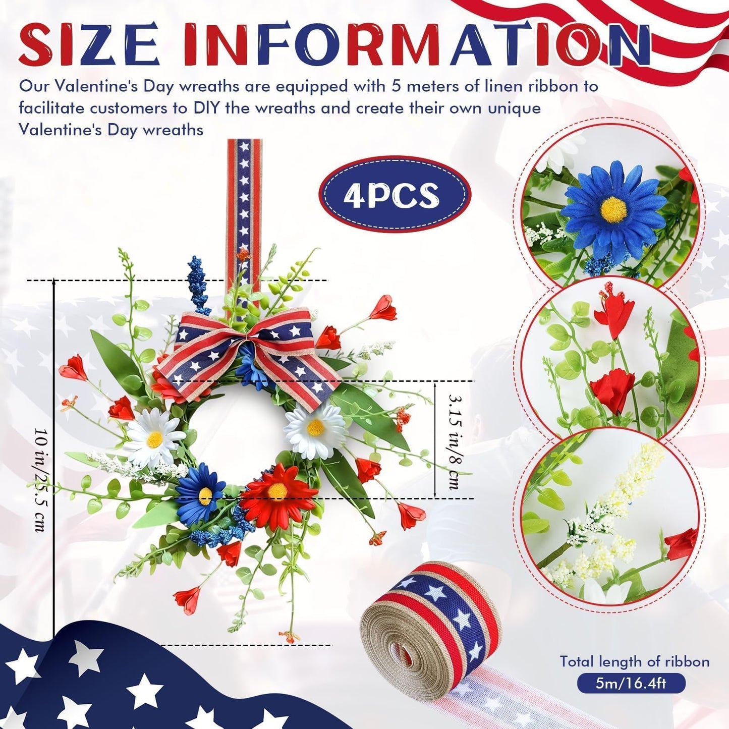 4 Pcs Mini Patriotic American Kitchen Cabinet Wreaths Small 4th of July Floral Swag Wreath for Front Door with Ribbon Daisy July Independence Day Hanging Wreath for Porch Wall Farmhouse Decor
