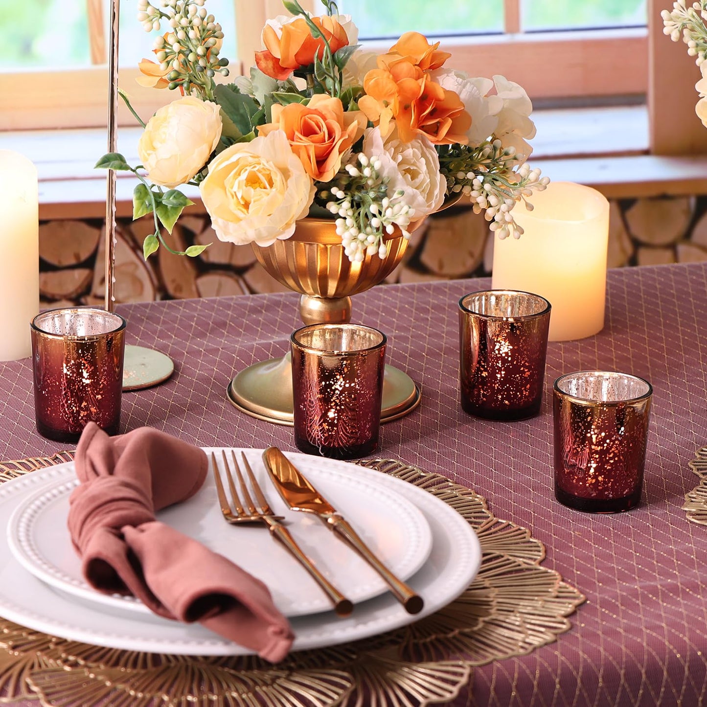 Volens Burgundy Votive Candle Holders Set of 12, Speckles Mercury Glass Tealight Candle Holder Bulk for Table Wedding Centerpiece, Burgundy and Gold Themed Party Decorative & Home Decor
