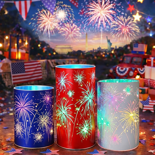 Set of 3 Celebration Fireworks Glass Hurricanes, New Etched Firework Starburst Glass Hurricane Lamp with LED Lights, 250 Anniversary America Centerpieces for Mantel, Dining Table (Colored Light-B)