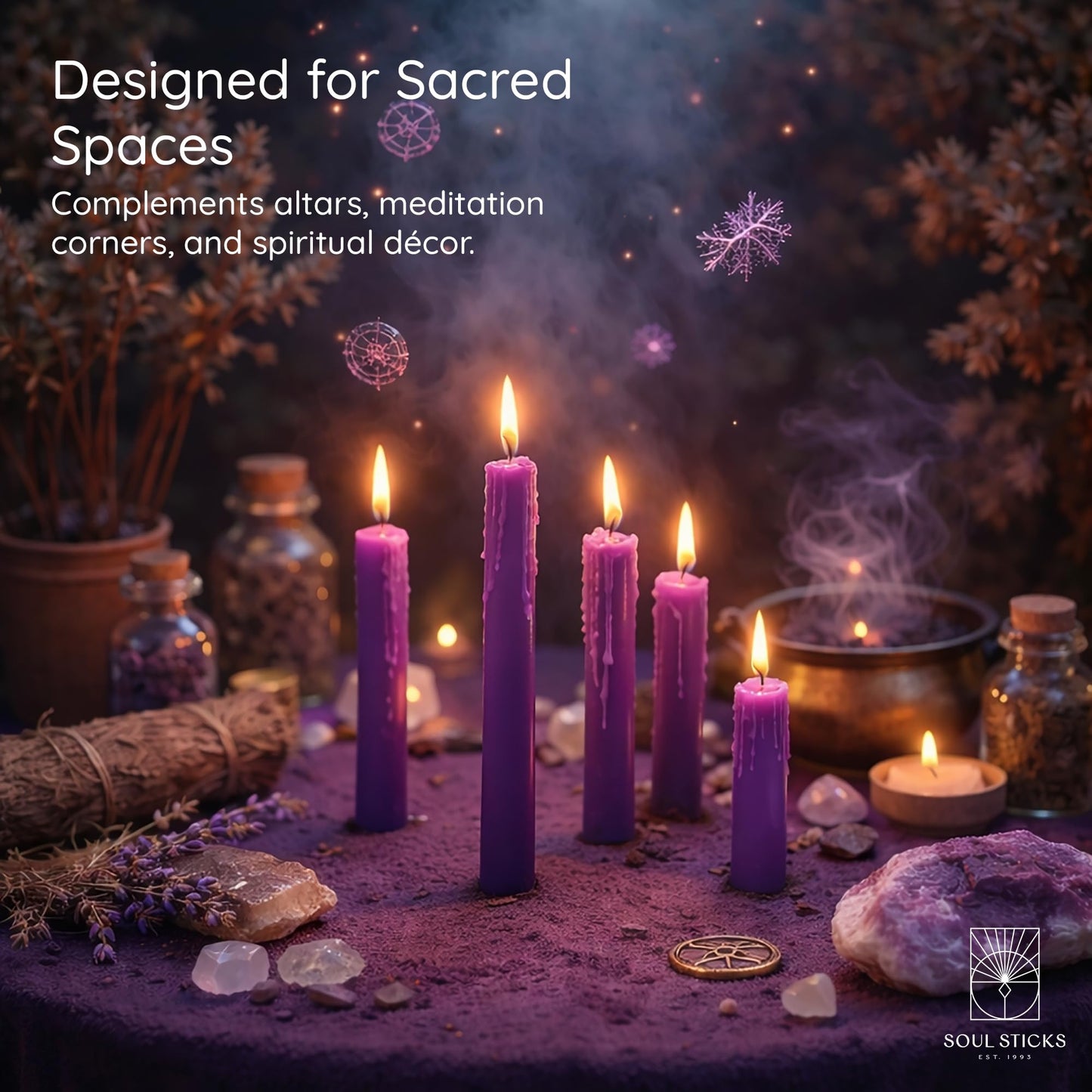 SOUL STICKS Peace Magic Spell Chime Taper Candles 20 Pack - Ideal for Altar, Rituals, Ceremonies, Meditation Purple Candle for Witchcraft Supplies, Wiccan, Unscented Candles Clearance