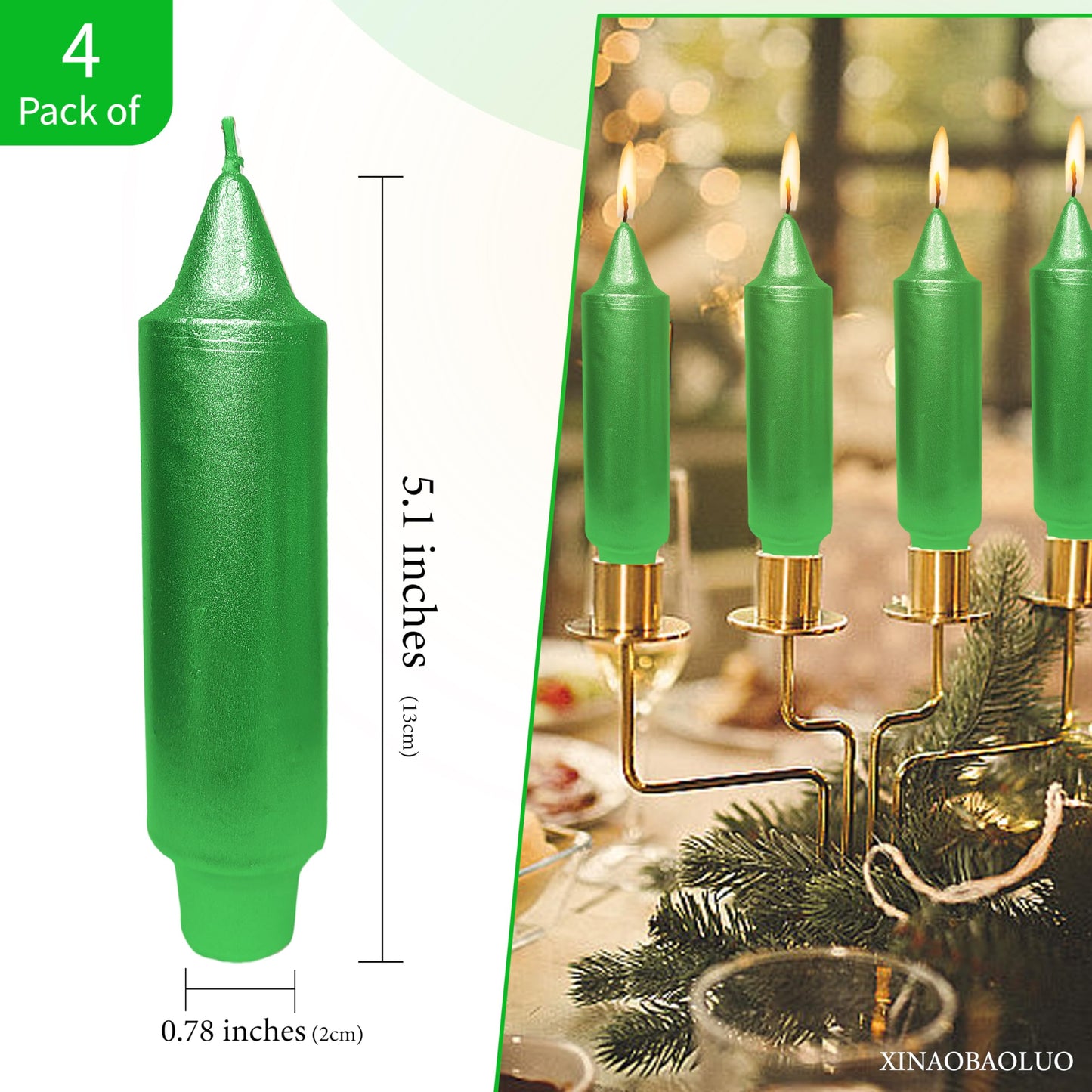 Christmas Metallic Green Candle 5 Inch Short Smokeless Taper Candles 4 Pack Unscented Dinner Candle for Christmas Dinner