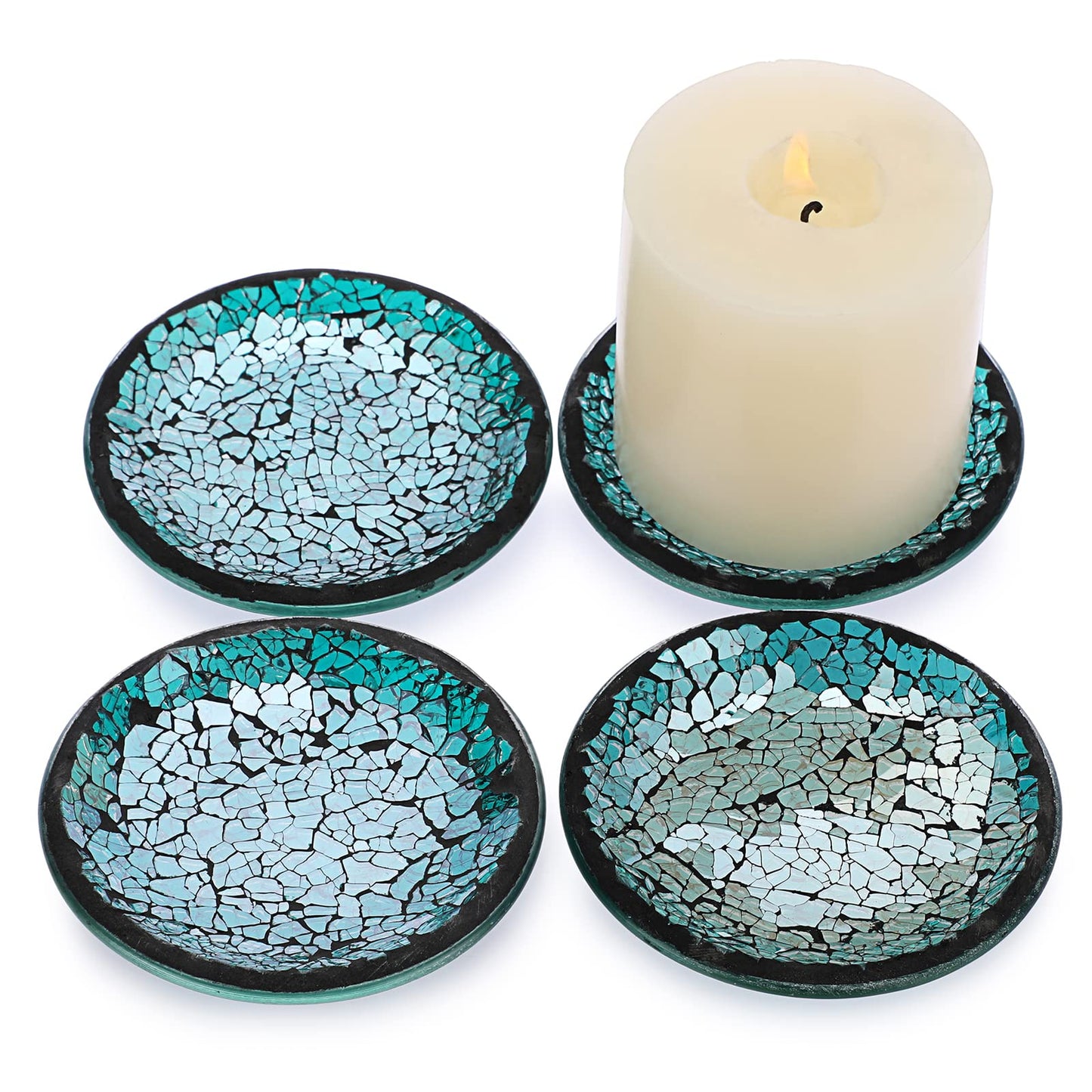 OwnMy 4PCS Mosaic Glass Candle Plates and Trays 4 Inch Pillar Candle Stands, Glass Mosaic Coasters Decorative Candle Holder Bases for Wedding Table Centerpiececs, Blue