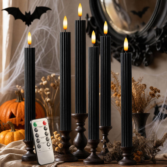 West Ivory 12 Pack, 10" LED Flameless Black Fluted Ribbed Grooved Taper Candles, Remote & 24h Timer Memory, On/Off Button, Dimmable, Flicker Mode, Battery Operated, Christmas Menorah Wedding