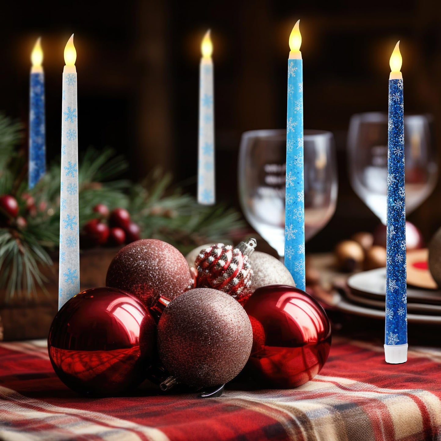 Kittmip 6 Pcs Snowflakes Wonderland Flameless Taper Candles 11 Inch Winter Battery Operated LED Candles Blue White Table Centerpiece for Christmas Xmas Holiday Party Decor