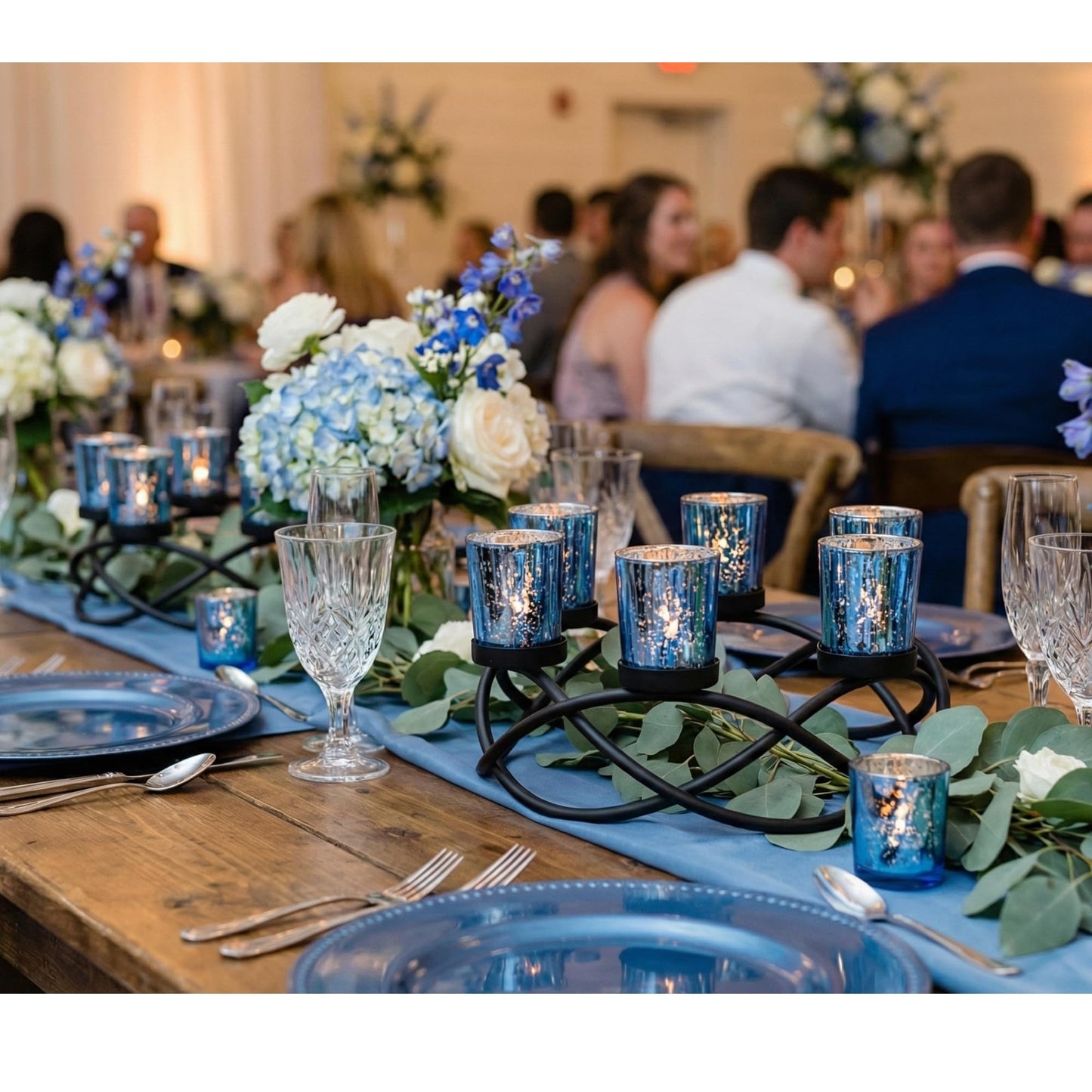 Seraphic Centerpieces for Table Decorations - Round Candle Holders for Outdoor Patio, Dining, Kitchen, Coffee & Wedding Table Decor, Black Iron Candelabra, 6 Blue Glass Votive Tealight Cups