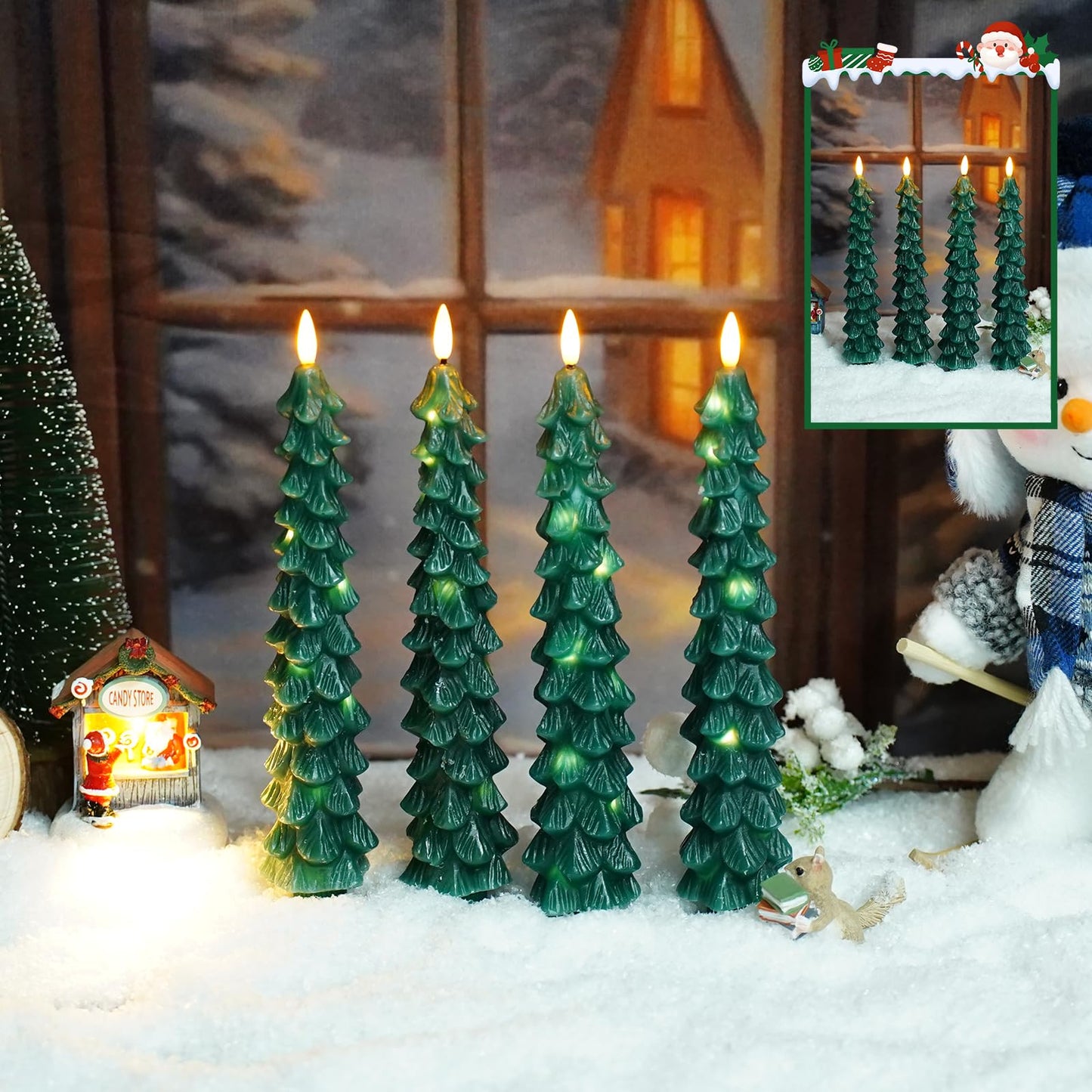 kakoya Christmas Tree Flameless Candles with Remote,4 Pcs Green Real Wax LED Flickering Candles Battery Operate with Embedded Star String for Home Decoration Christmas Gifts(D0.86 xH9.6)