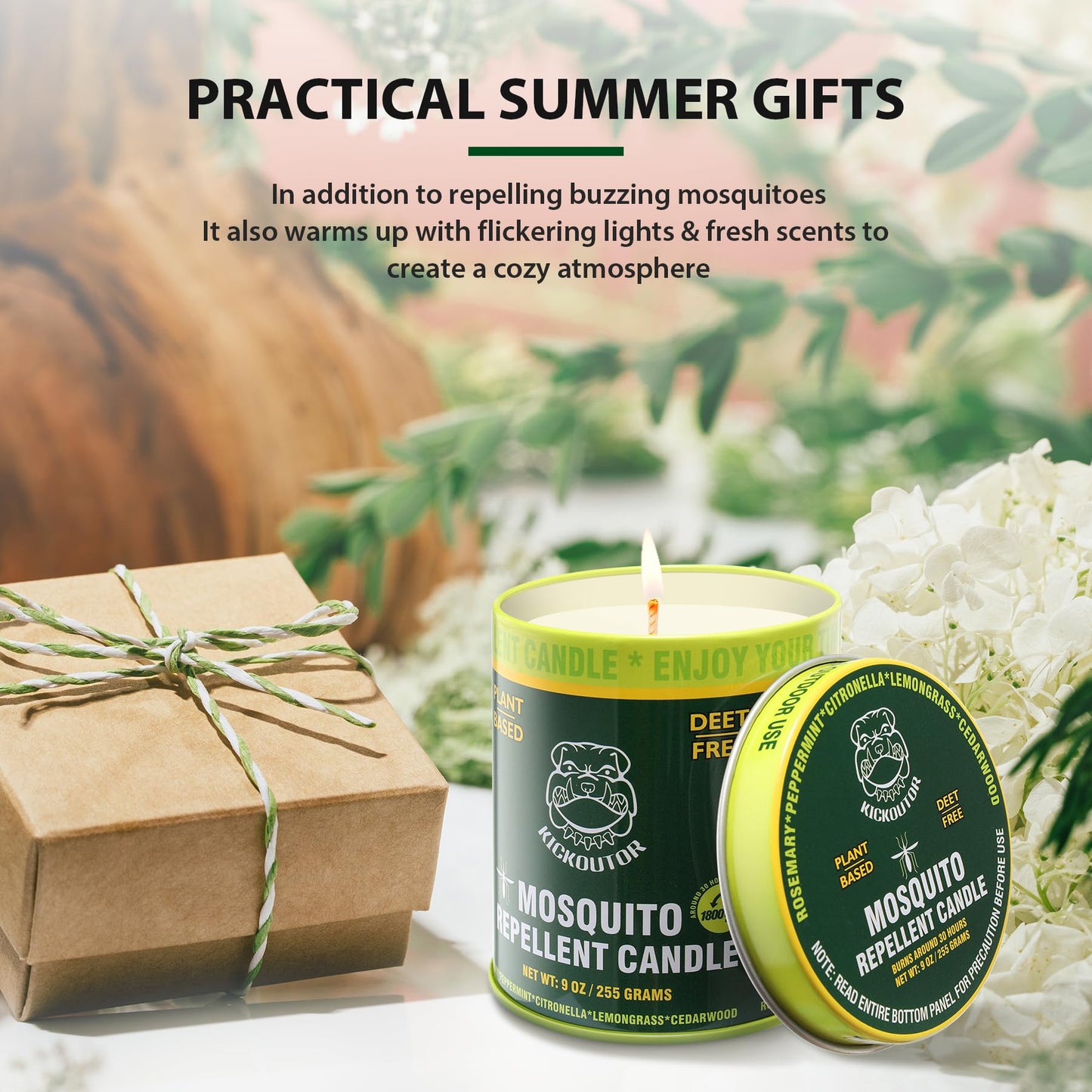 KICKOUTOR® Mosquito Repellent Citronella Candles Outdoor, 2-Pack | Total 18 Ounce 60-Hour DEET-Free Bug Protection for Patio Camping Picnic Backyard Room, Infused with 5 Plant Essential Oils