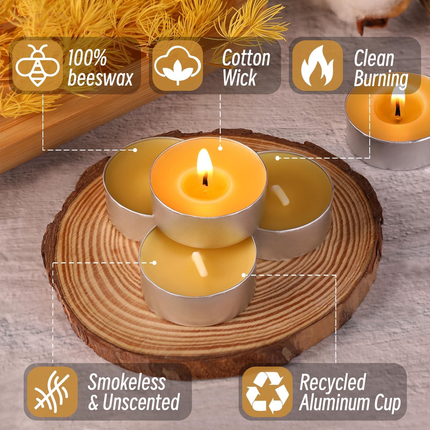 24 Packs Beeswax Tealight Candles, Pure Beeswax Candles Tea Lights Candle, Natural Organic Tealights Unscented Smokeless Clean Burning with 4 Hour Burn Time
