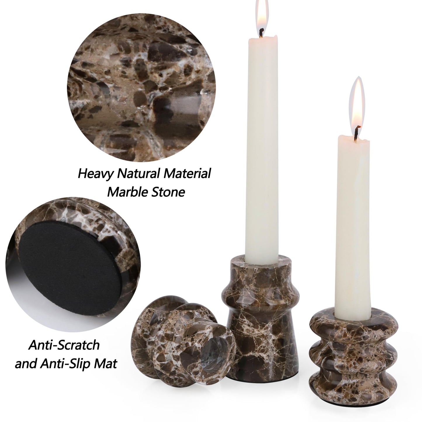 Vixdonos Marble Candle Holder Set of 3 Taper Candle Candlestick Mantle Candle Stand for Home Decor,Wedding,Party and Table Centerpieces(Brown)