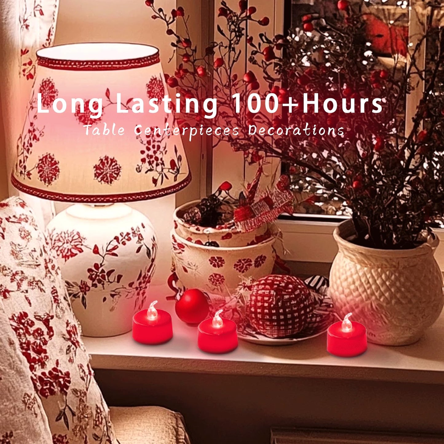 LANKER 24 Pack LED Tea Lights Candles, Flickering Red Flameless Tealights, Long Lasting Battery Operated Fake Candles, Decoration for Wedding, Halloween and Christmas (Red - 24pcs)