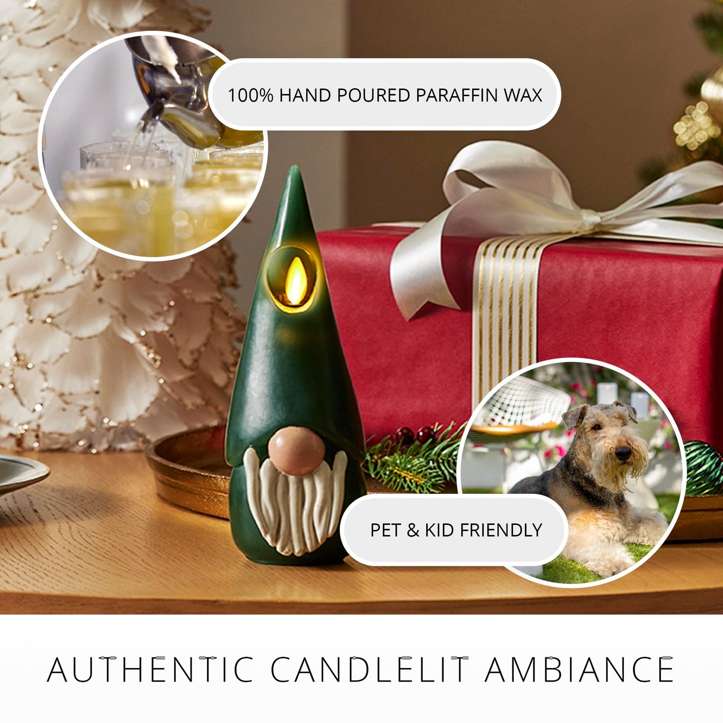 Luminara Gnome Figural Flameless LED Candle - Green 2.8" x 8" - Battery Operated Christmas Winter Decoration Real Wax Unscented Home Decor Indoor