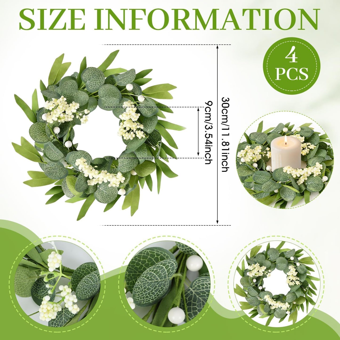 4 Pcs Green Artificial Eucalyptus Candle Rings Wreaths Mini Green Kitchen Cabinet Wreath Table Centerpieces Spring Summer with White Berry for Pillars Farmhouse Porch Front Door Wedding Decor