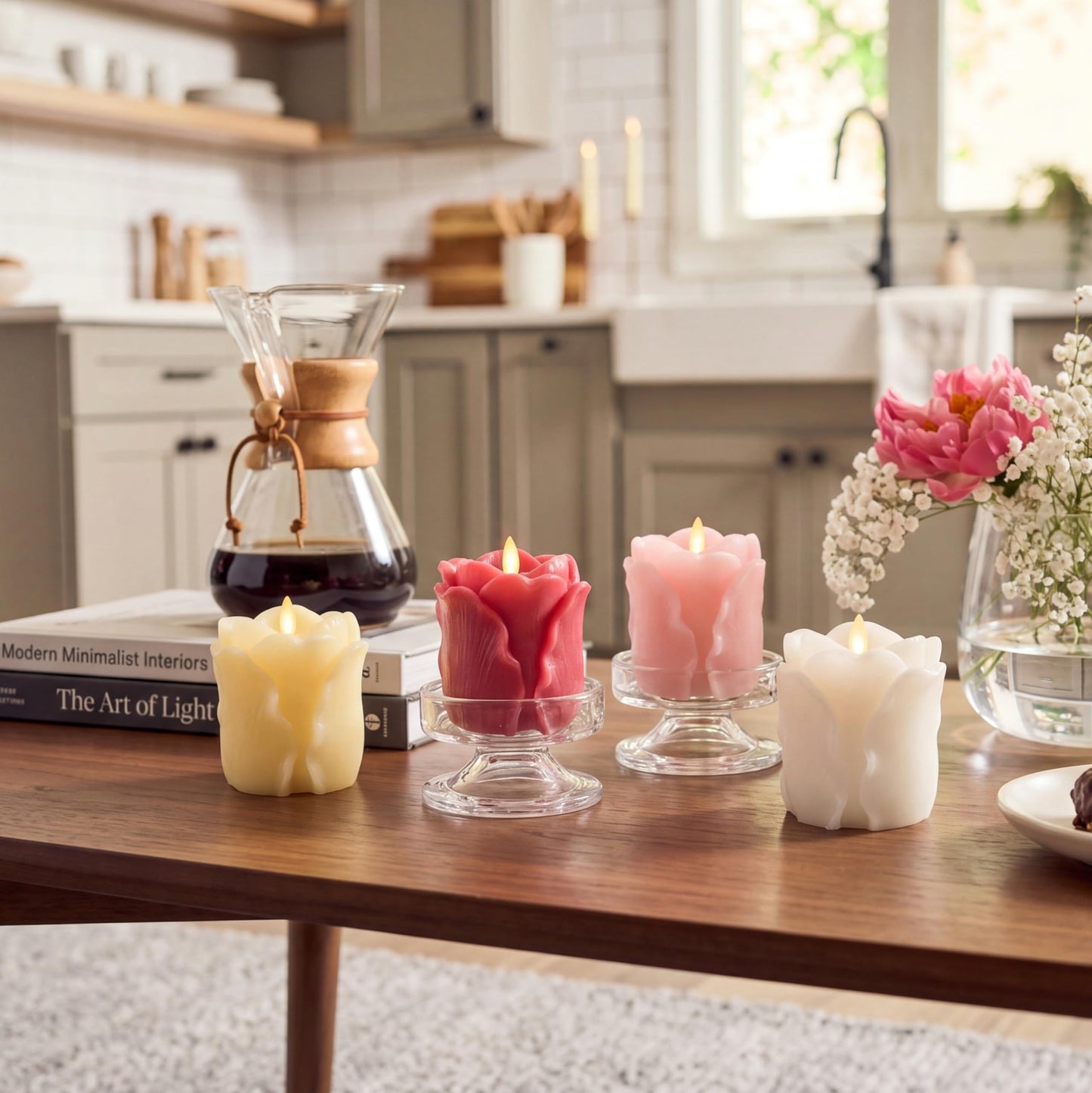 Luminara Crystal Rose Flameless Candle - 3.6" x 4.3" Rosebud Pillar - Real Flame Technology w/Flickering LED Light - Perfect for Mother's Day