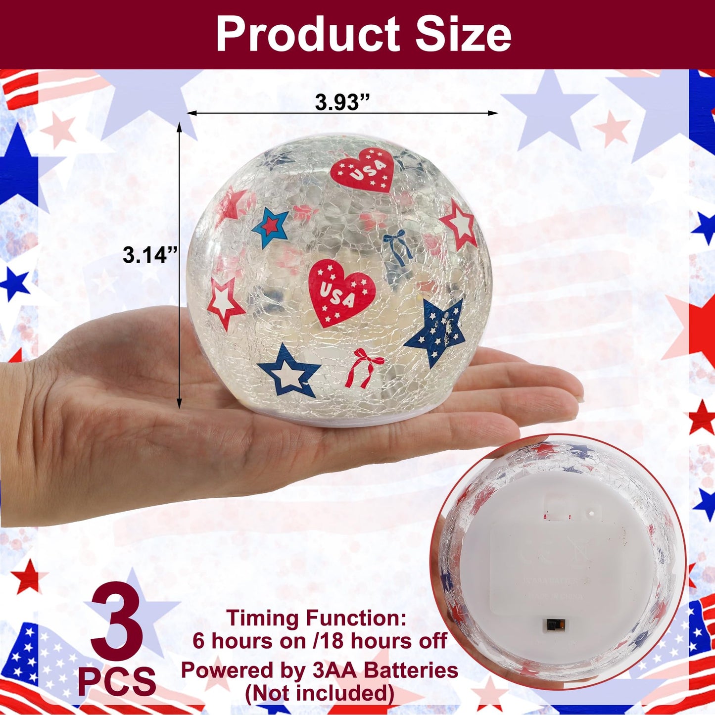 3PCS Independence Day Decorative Lights, 3.93-inch Independence Day Desktop Decoration LED Night Light, Cracked Glass Ball Light with Timer, 4th of July Decoration (Love)