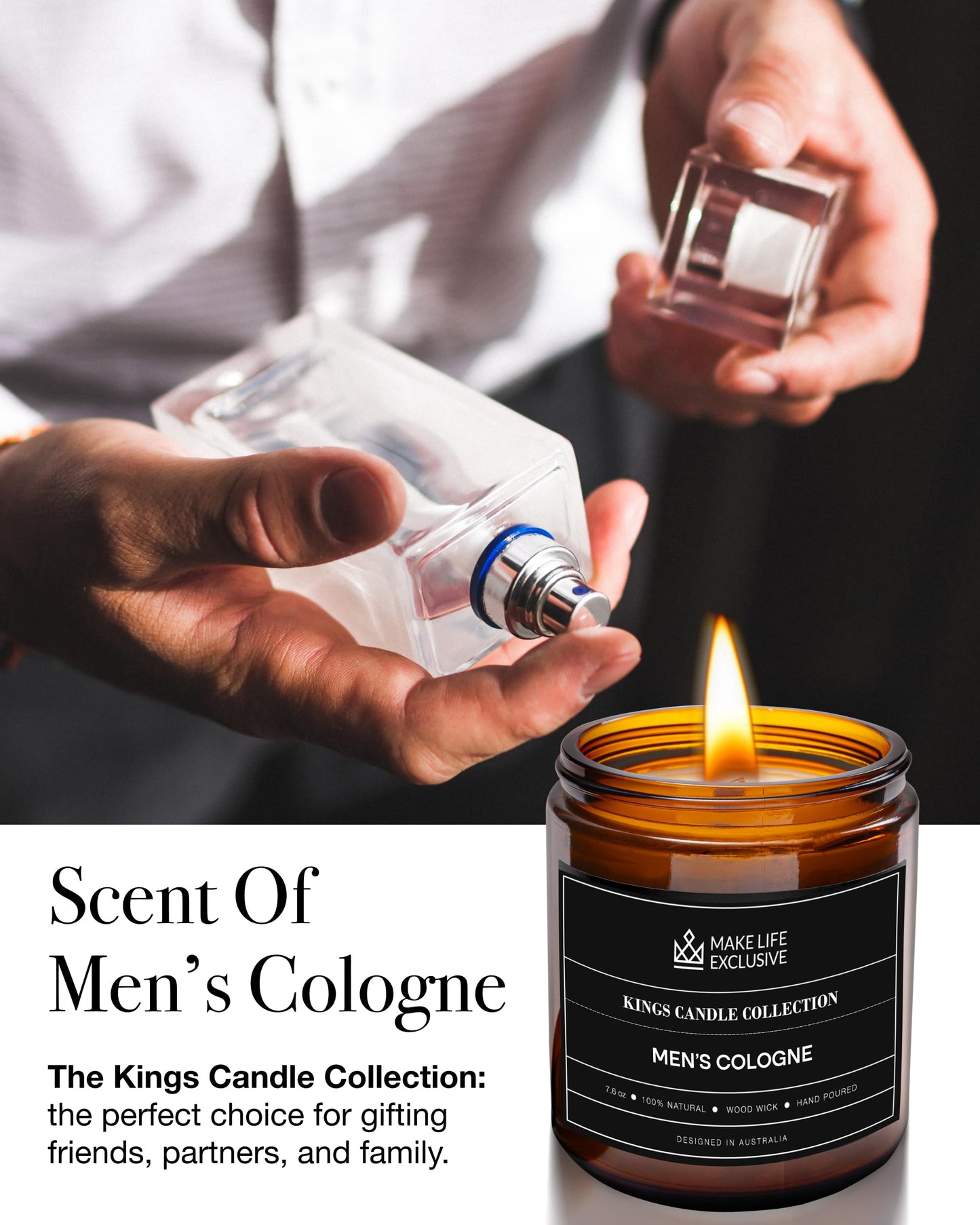 Scented Candles for Men | Men's Cologne, Amber Sandalwood Scent | Wooden Wick, Long Lasting, Masculine Scents | Natural Soy Jar Candle for Home, Bacehlor Pad Decor | The Perfect Mens Gift