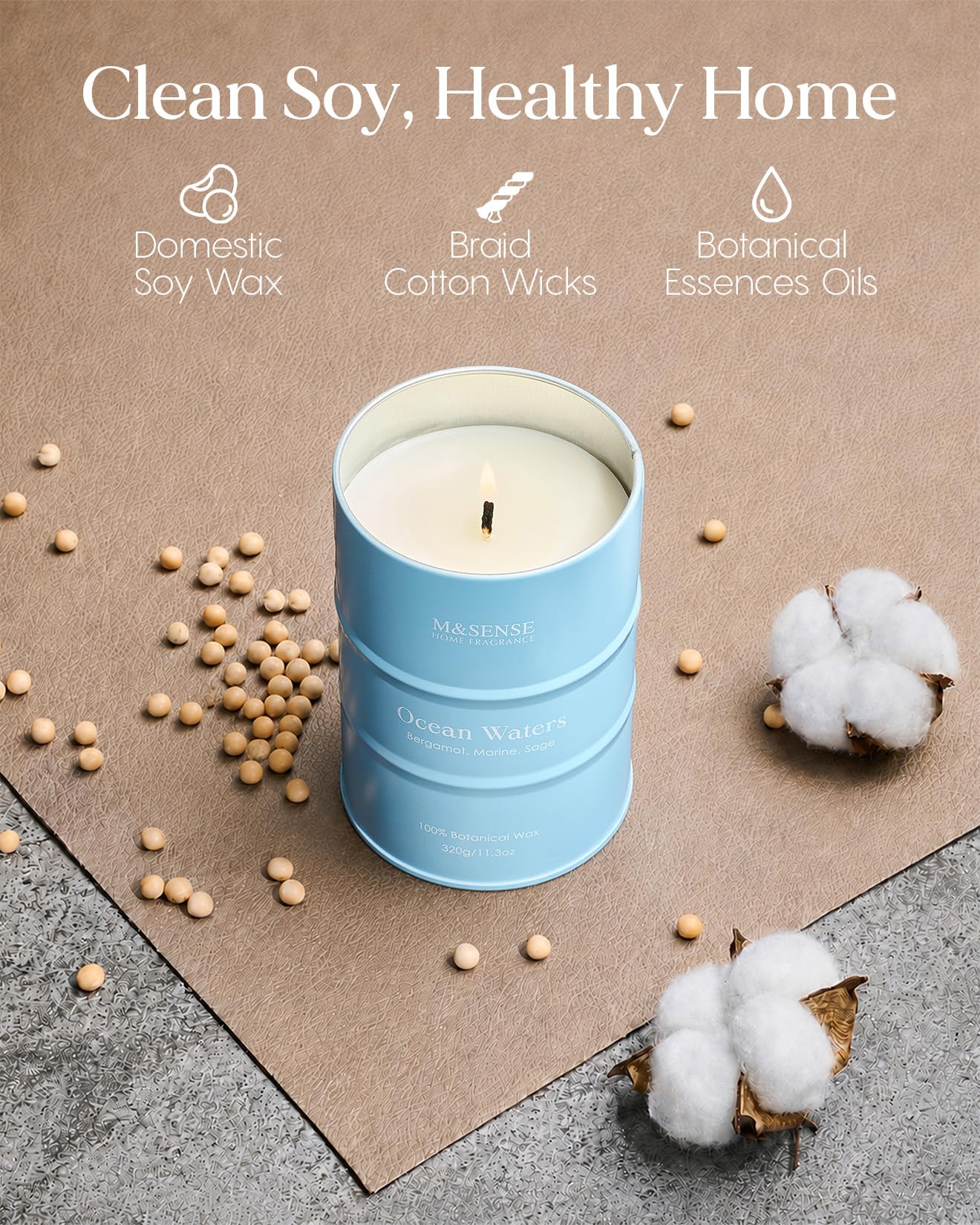 M&SENSE Ocean Waters Scented Candles Summer Soy Candle,Beach Candle for Stress Relief Meditation Relaxing, Housewarming Gifts for Women Men, 11.3oz 70 Hour Long Burning