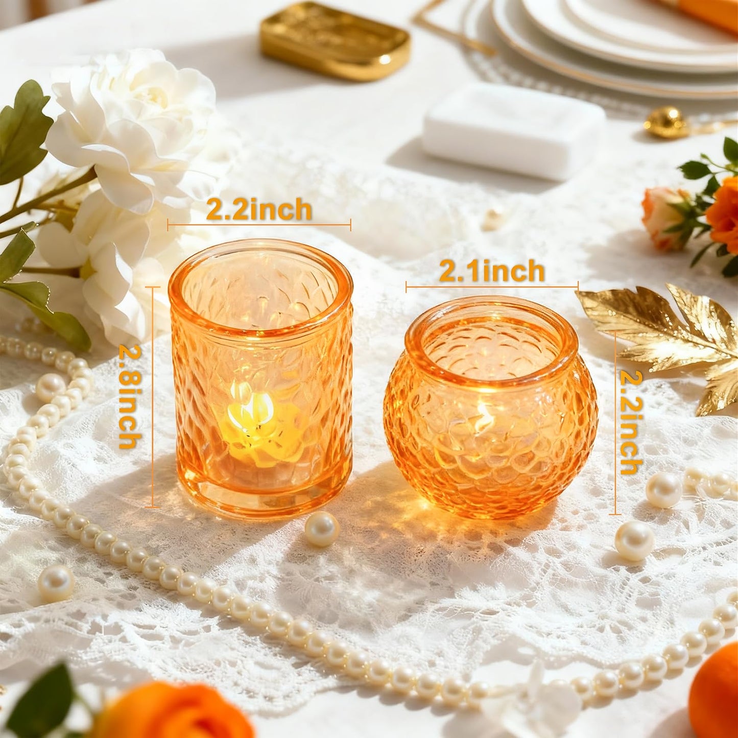 24-Piece Gold Glass Votive Candle Holders Set – Tealight Candle Holder Glass Bulk with 12 Round & 12 Hammered Textured Cups, Gold Votive Candle Holders for Weddings, Parties, Home