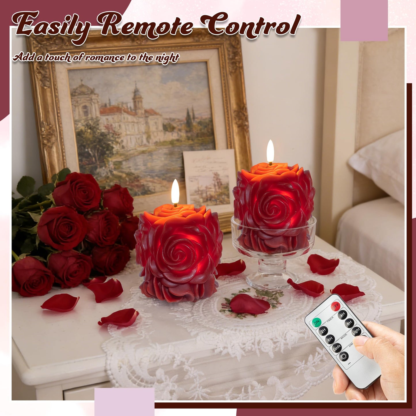 JOIONE Valentines Day Flameless LED Candles, Rose Shaped 3D Flickering Flame Battery Operated Candle with Remote, Romantic Candles for Date Night, Valentine's Day, Wedding and Home Décor, Red