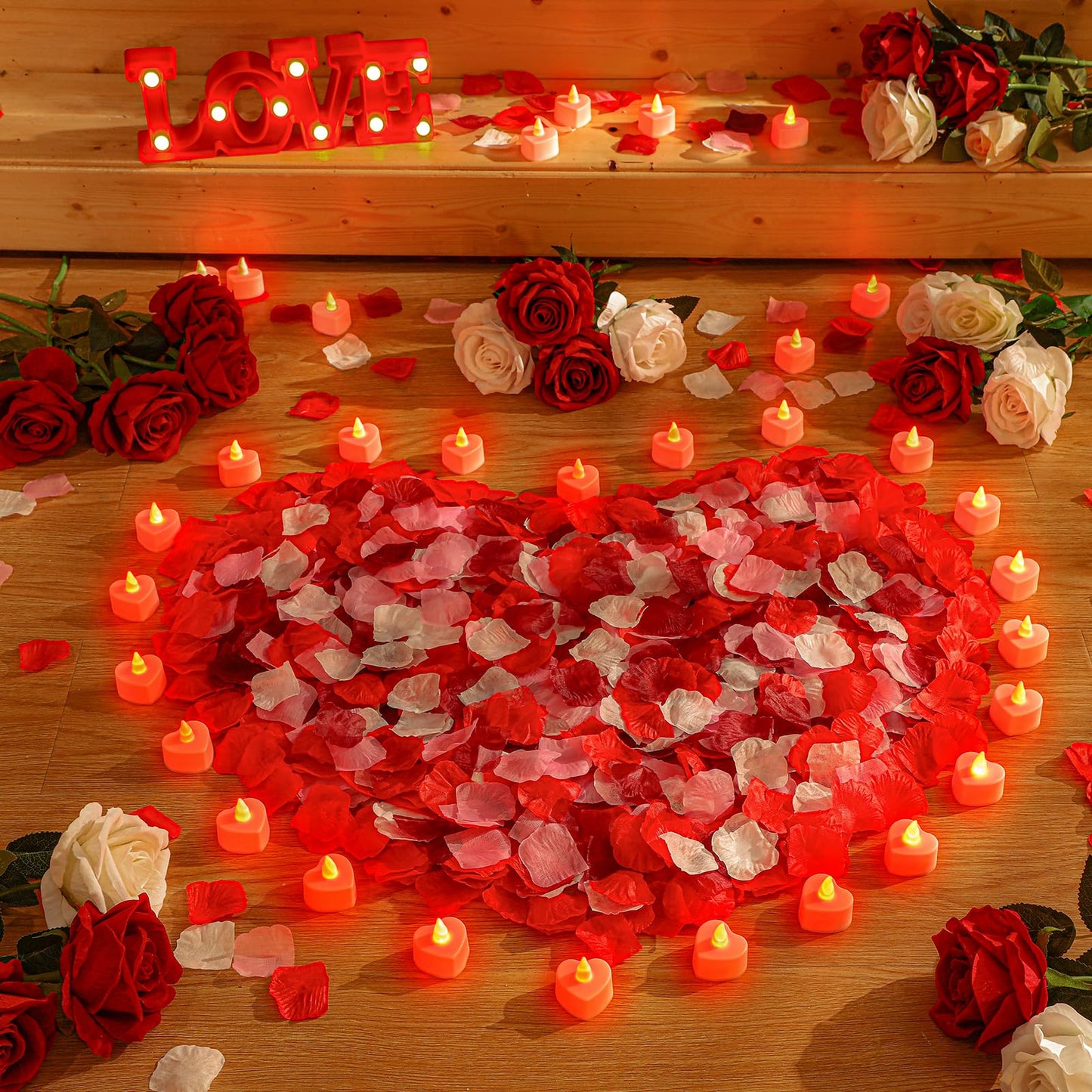 Honoson 1000 Pieces Artificial Rose Petals with 24 Pcs Flameless Heart Shaped LED Tealights Candles Special Romantic Night Decorations for Proposal Wedding Anniversary Table Decor(White with Red)