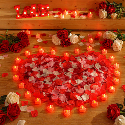 Honoson 1000 Pieces Artificial Rose Petals with 24 Pcs Flameless Heart Shaped LED Tealights Candles Special Romantic Night Decorations for Proposal Wedding Anniversary Table Decor(White with Red)