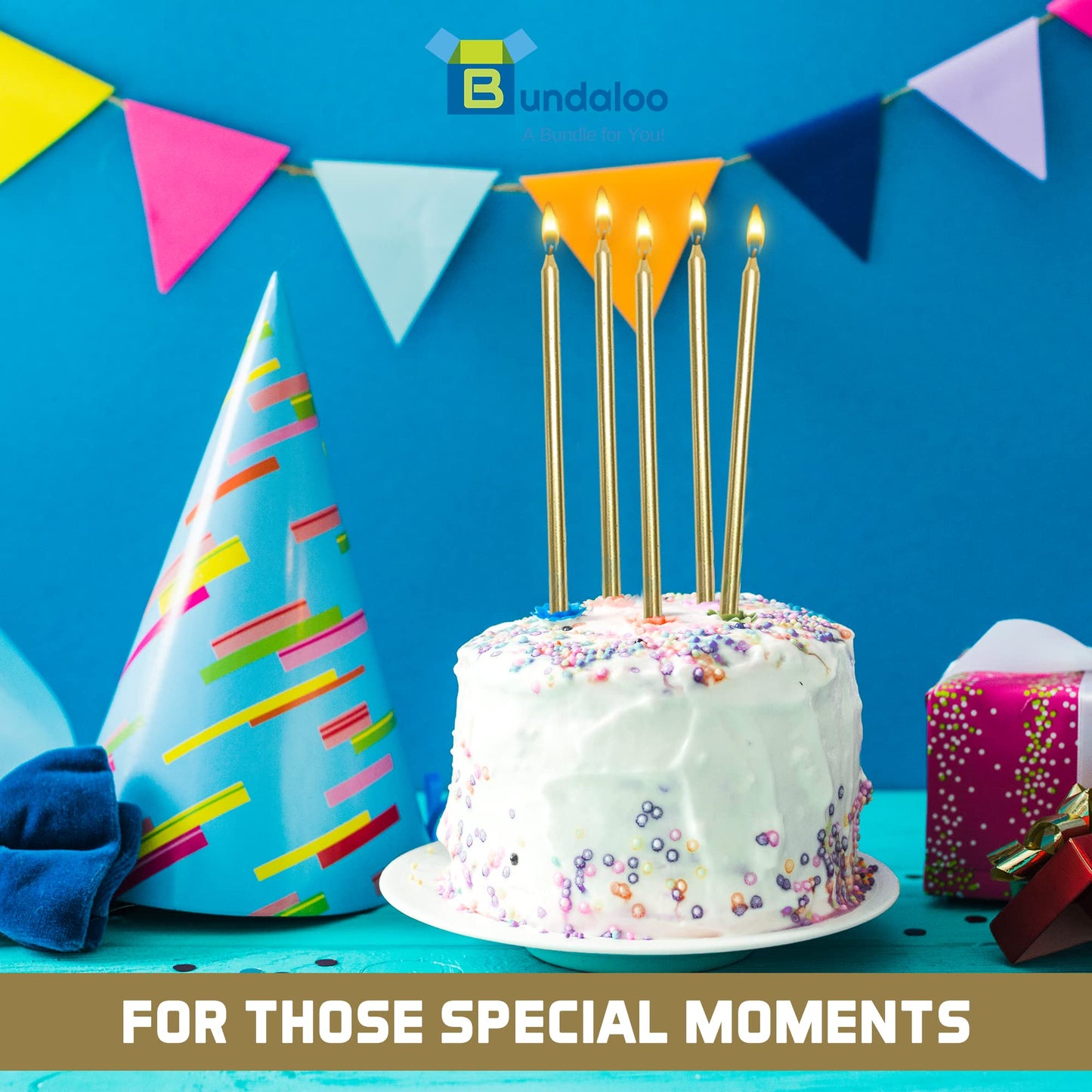 Bundaloo Gold Birthday Candles for Cake - Set of 48 with Plastic Holders - 5.5" Long, 0.20" Thickness