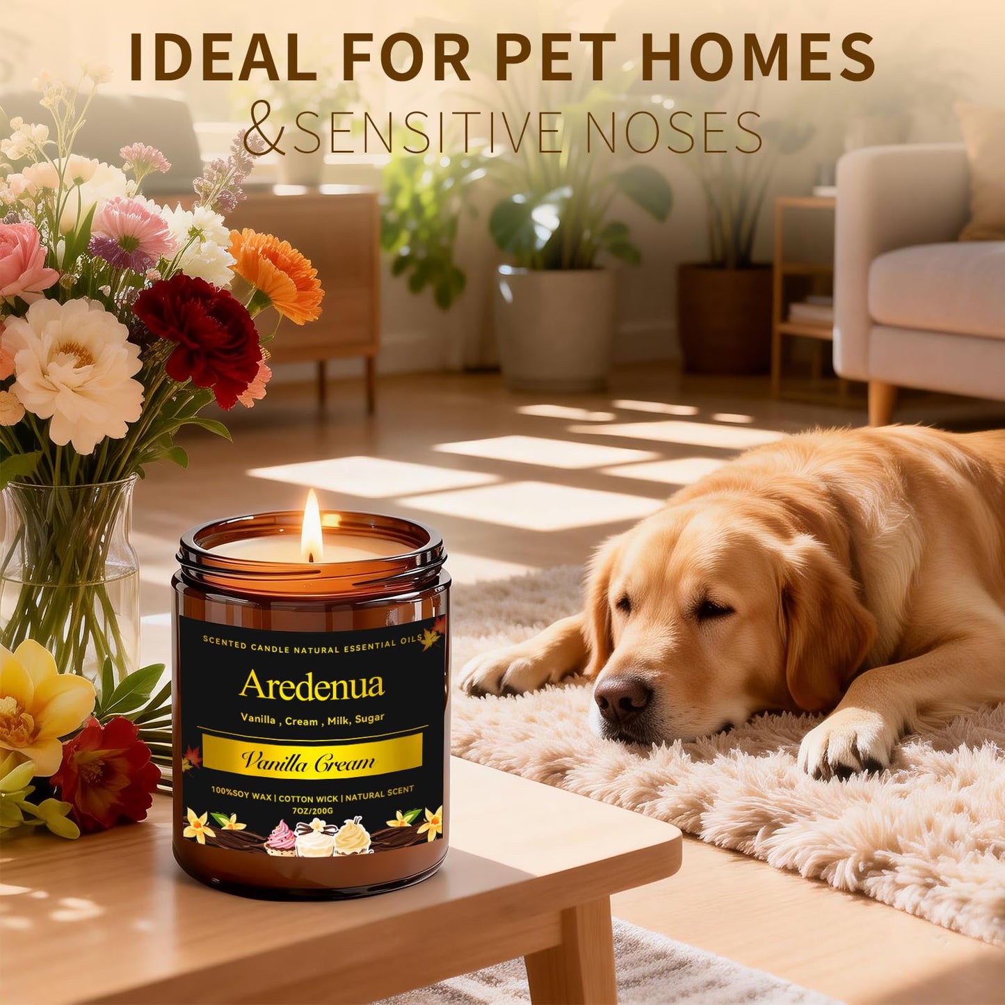 Vanilla Cream Odor Eliminating Candle, 7oz Long Lasting Soy Jar Candle, Natural Clean Burning Calming Aromatherapy Candle, Natural Odor Remover for Pet Smell, Smoke, Food, Bedroom Relaxation Gift