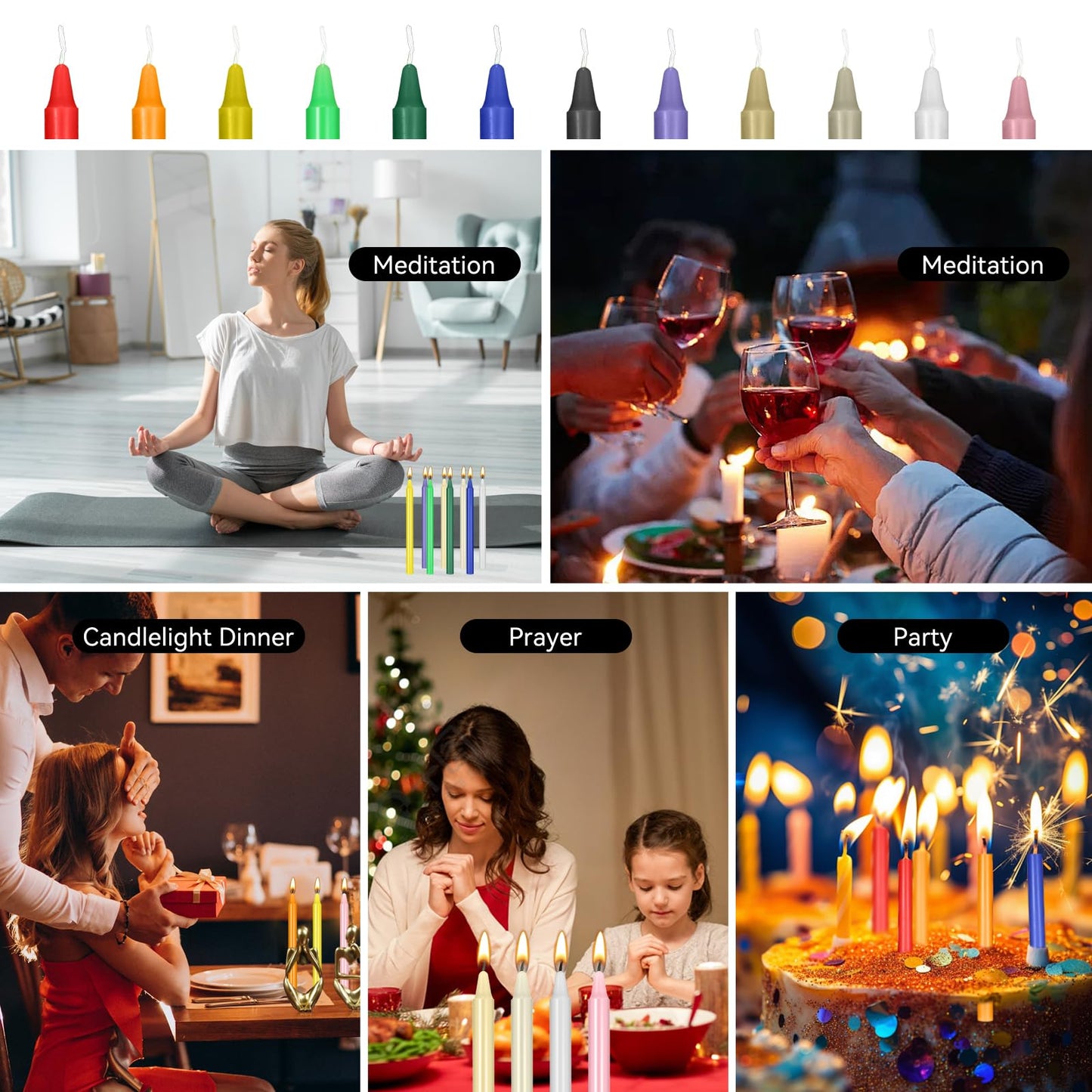 Likejarcand 24 pcs Colored Candle Chime,Spell Candles Unscented Colored Candles Mini Taper,16cm-6.5Inch Tall 0.4 Inch Diameter, Candle Holder Rituals, Prayer, Meditation (24, 16cm)