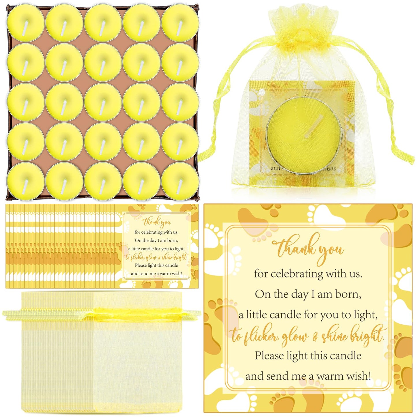 50 Sets Baby Shower Party Favors Including 50 Pcs Unscented Tealight Baby Shower Candles Gift Bags Cards for Gender Reveal Party Supplies(Yellow)