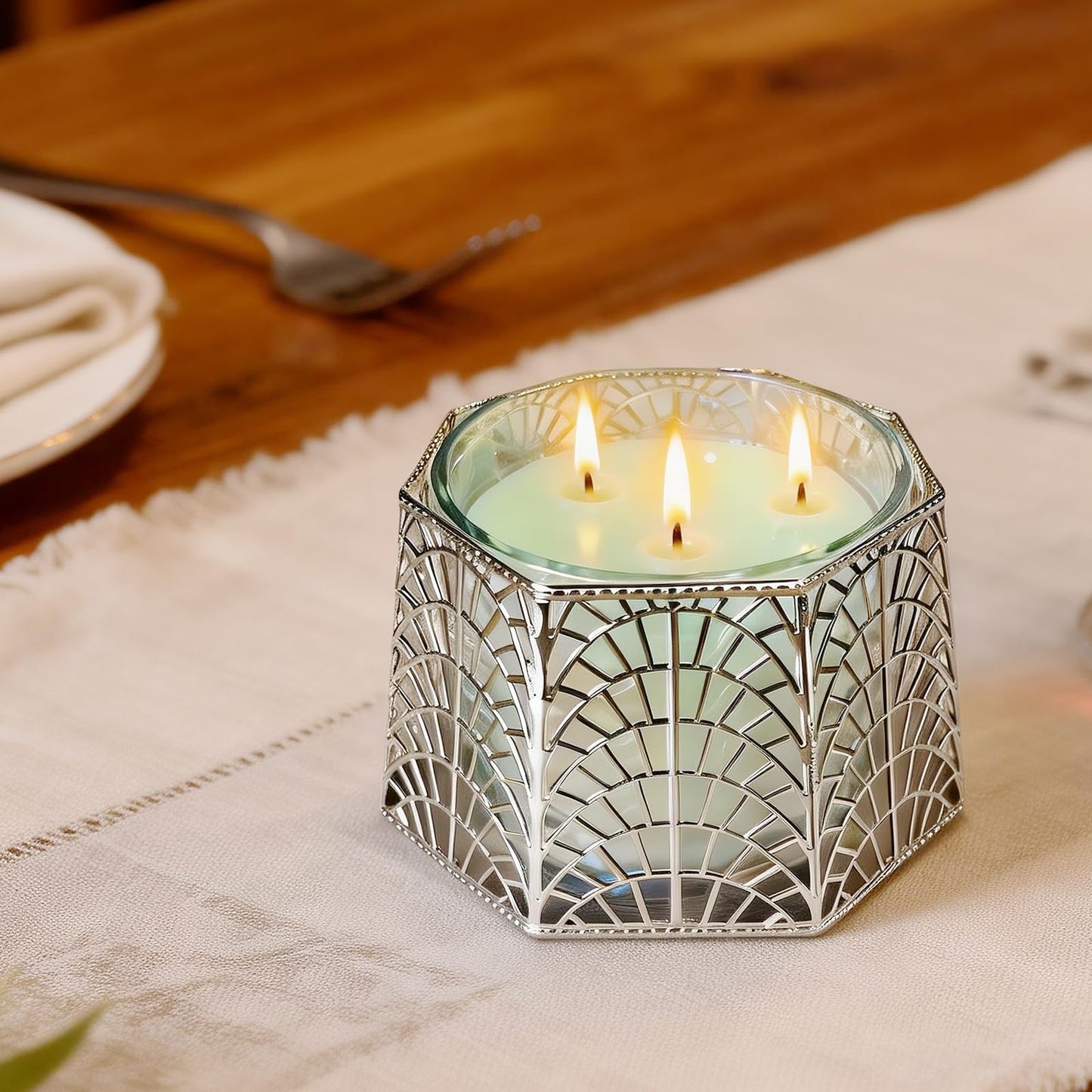 Dorephine 3 Wick Candle Holder, Shell Design Candle Jar Holder for 4-Inch Diameter Jars (5.25" D x 3.5" H), Rose Gold Metal, Coastal Decor