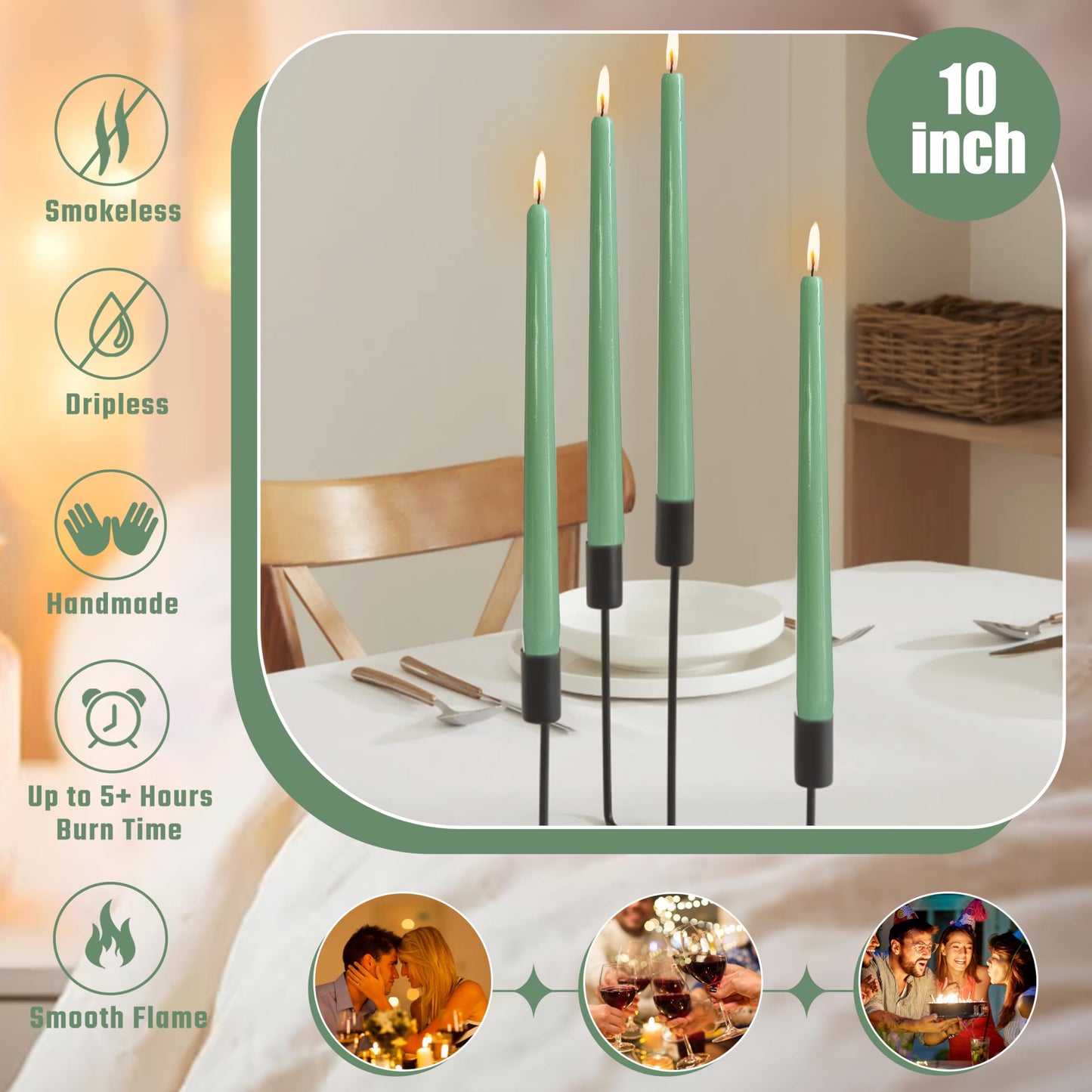 10 Inch Rustic-Chic Sage Green Taper Candles Unscented Smokeless Sage Green Taper Candles Handmade Perfect for Weddings Dinner Parties Home Décor Farmhouse & Boho Style