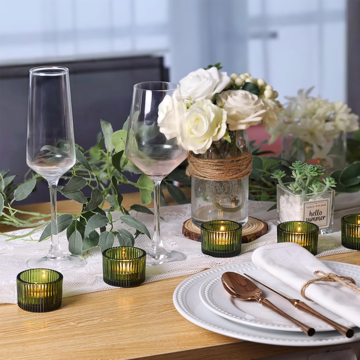 Lanttu Green Tealight Candle Holder Set of 12, Small Votive Candle Holders for Table Centerpiece,Glass Tea Light Candles Holder for Party&Home,Wedding Decor(2''Dia*1.4''H)
